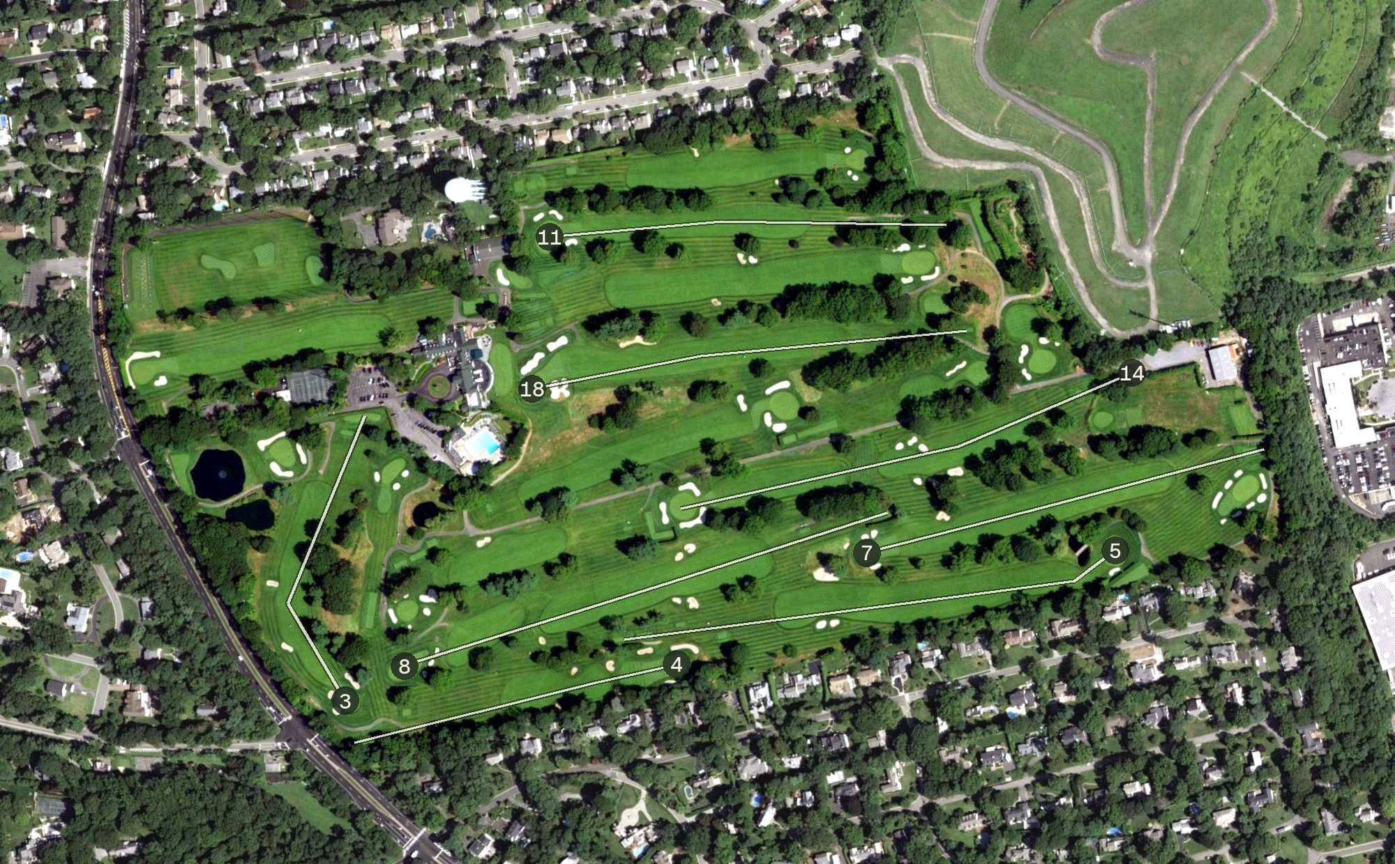 Aerial view of North Hempstead Country Club, NY, with its hole routing marked