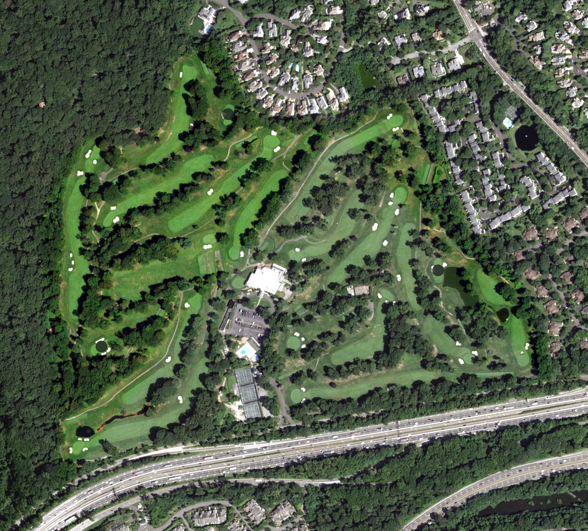 Aerial view of North Hills Country Club, NY, with its hole routing marked