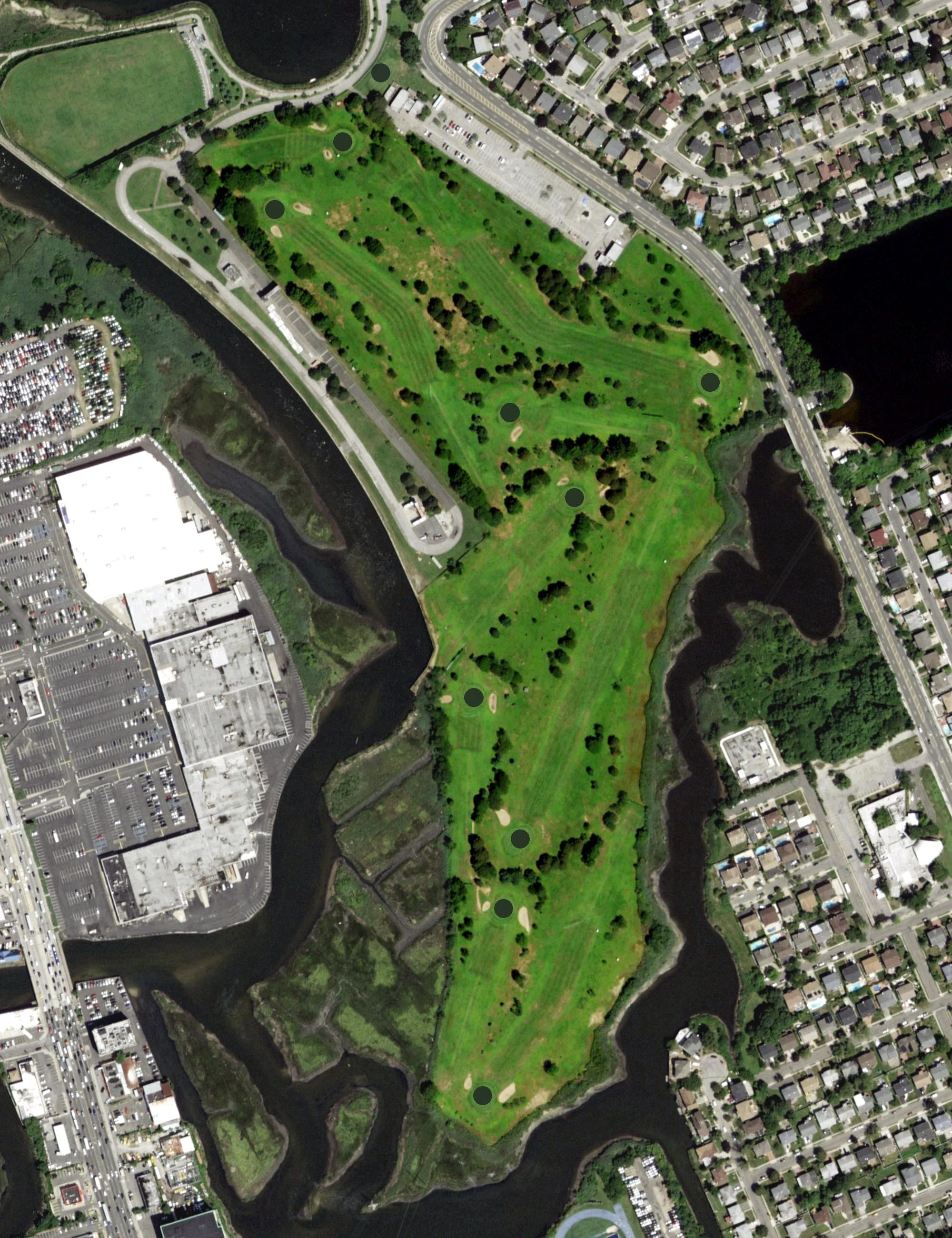 Aerial view of North Woodmere Golf Course, NY, with its hole routing marked