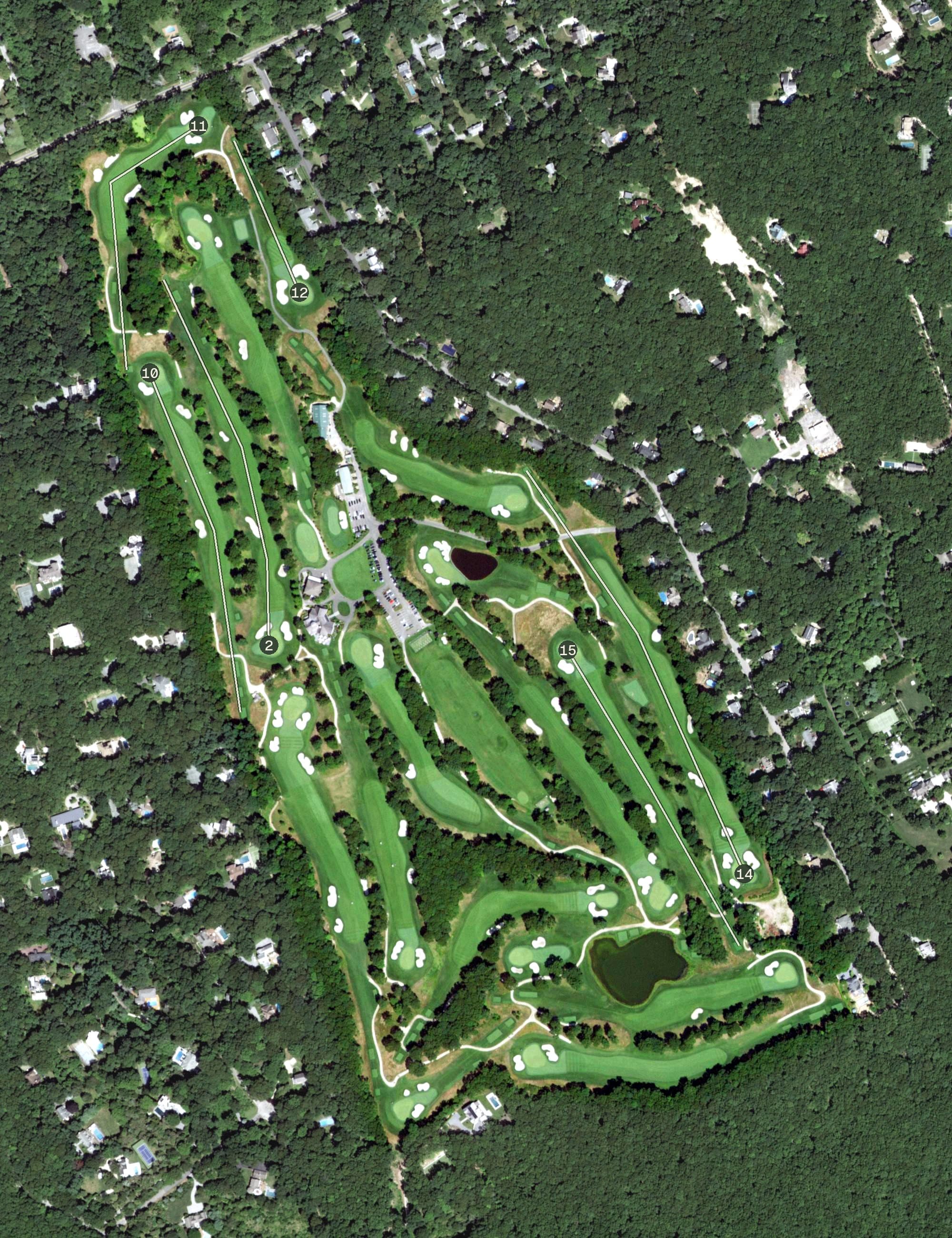 Aerial view of Noyac Golf Club, NY, with its hole routing marked