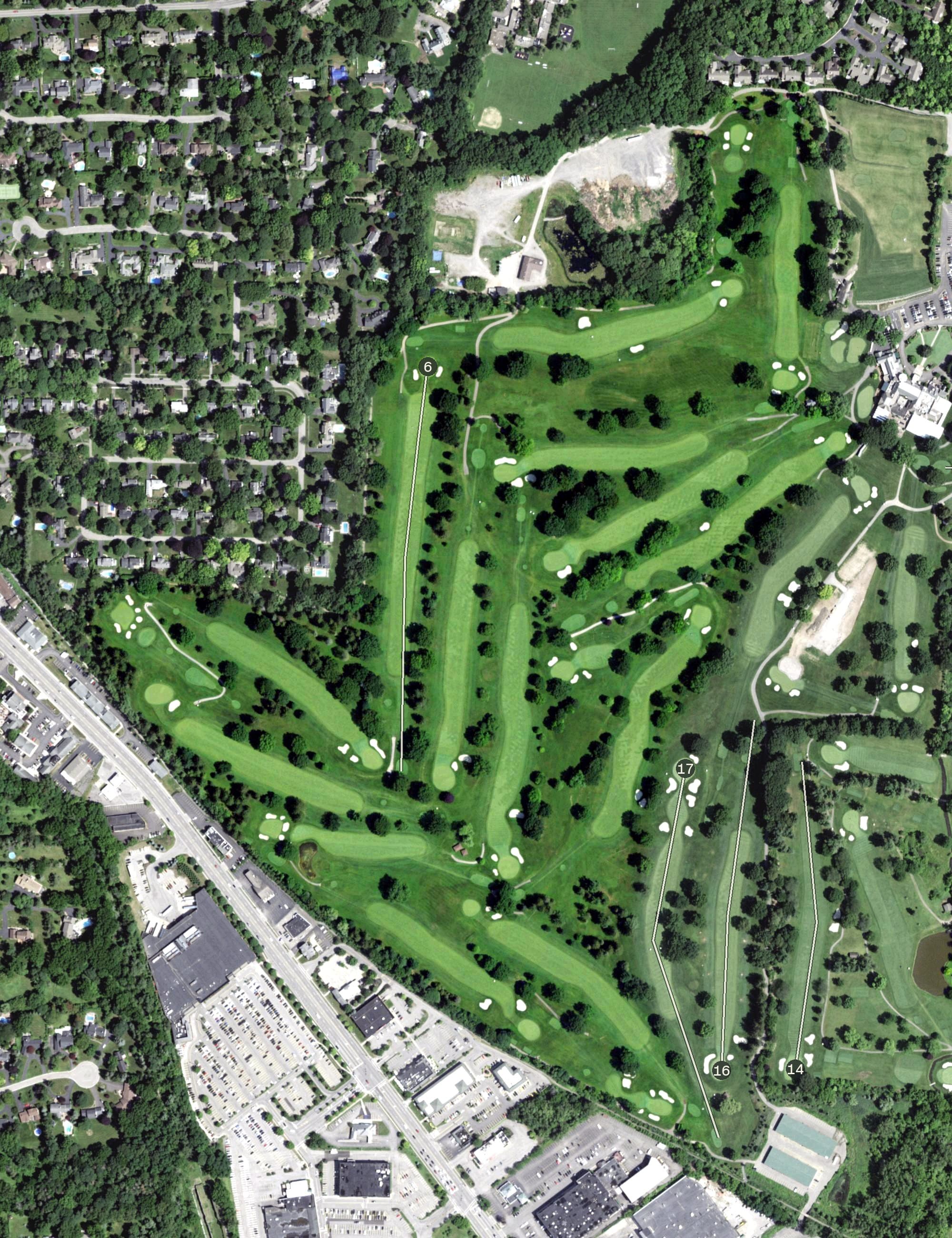 Aerial view of Oak Hill Country Club (West Course), NY, with its hole routing marked