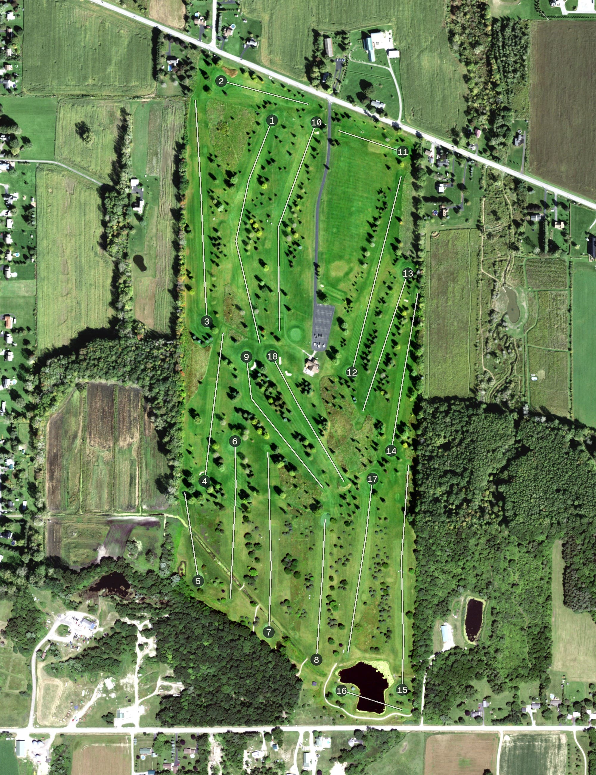 Aerial view of Old Hickory Golf Club, NY, with its hole routing marked