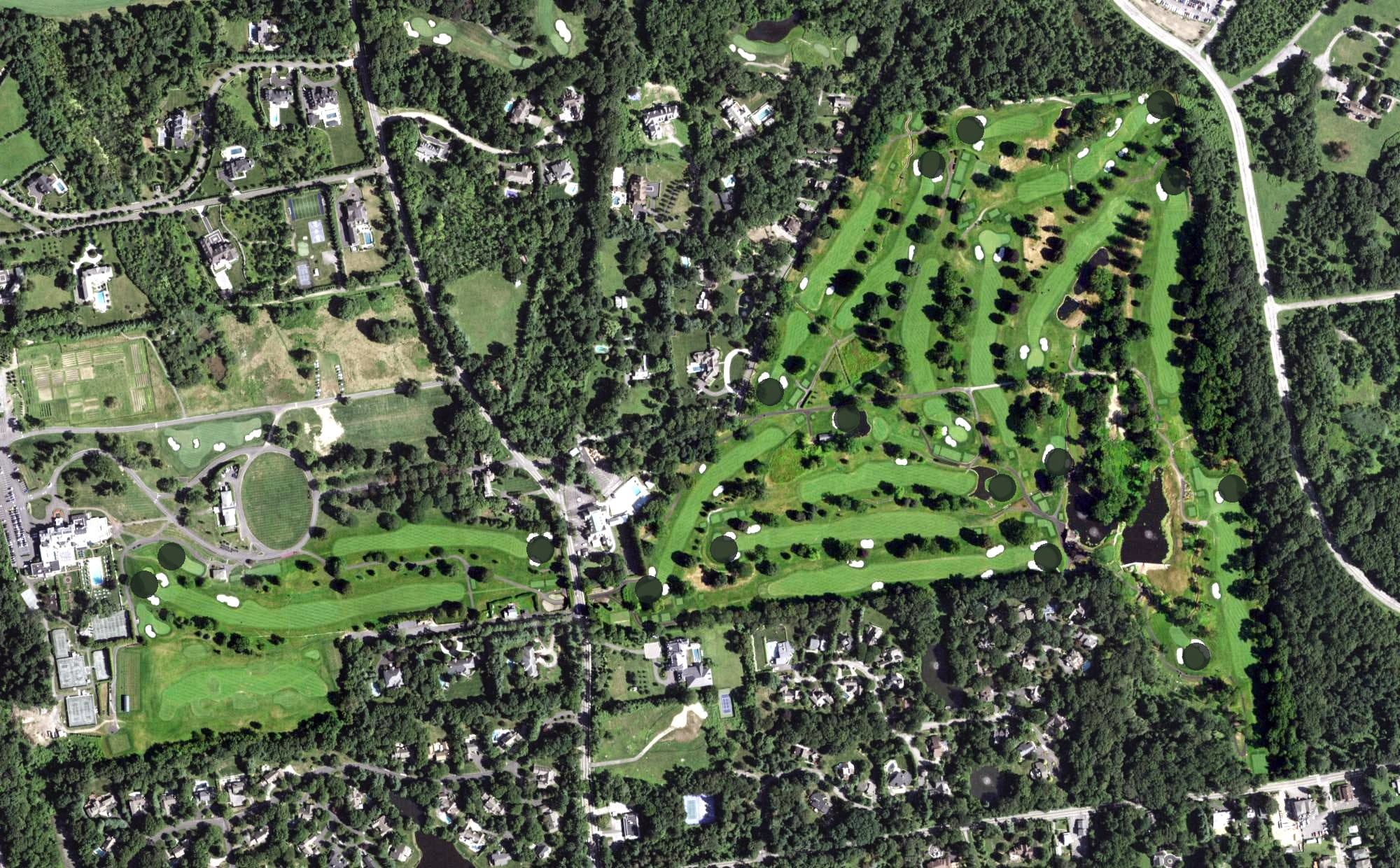 Aerial view of Old Oaks Country Club, NY, with its hole routing marked