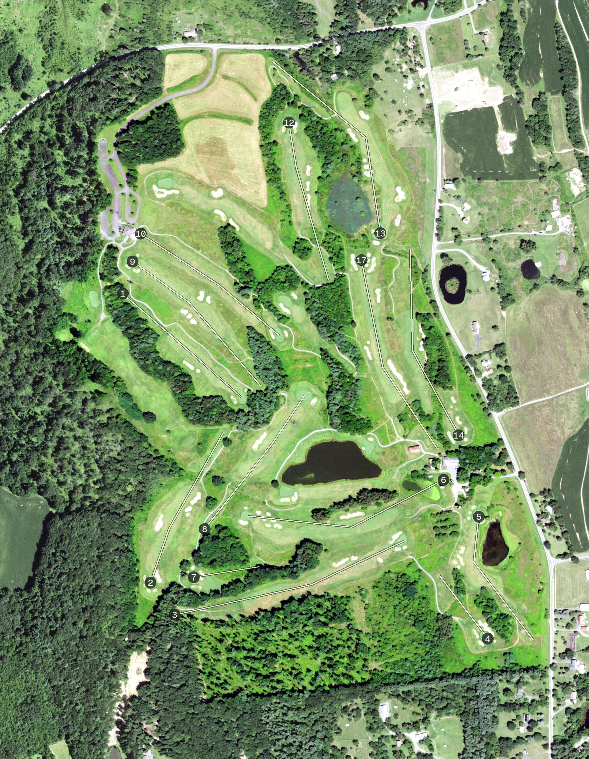 Aerial view of Olde Kinderhook Golf Club, NY, with its hole routing marked