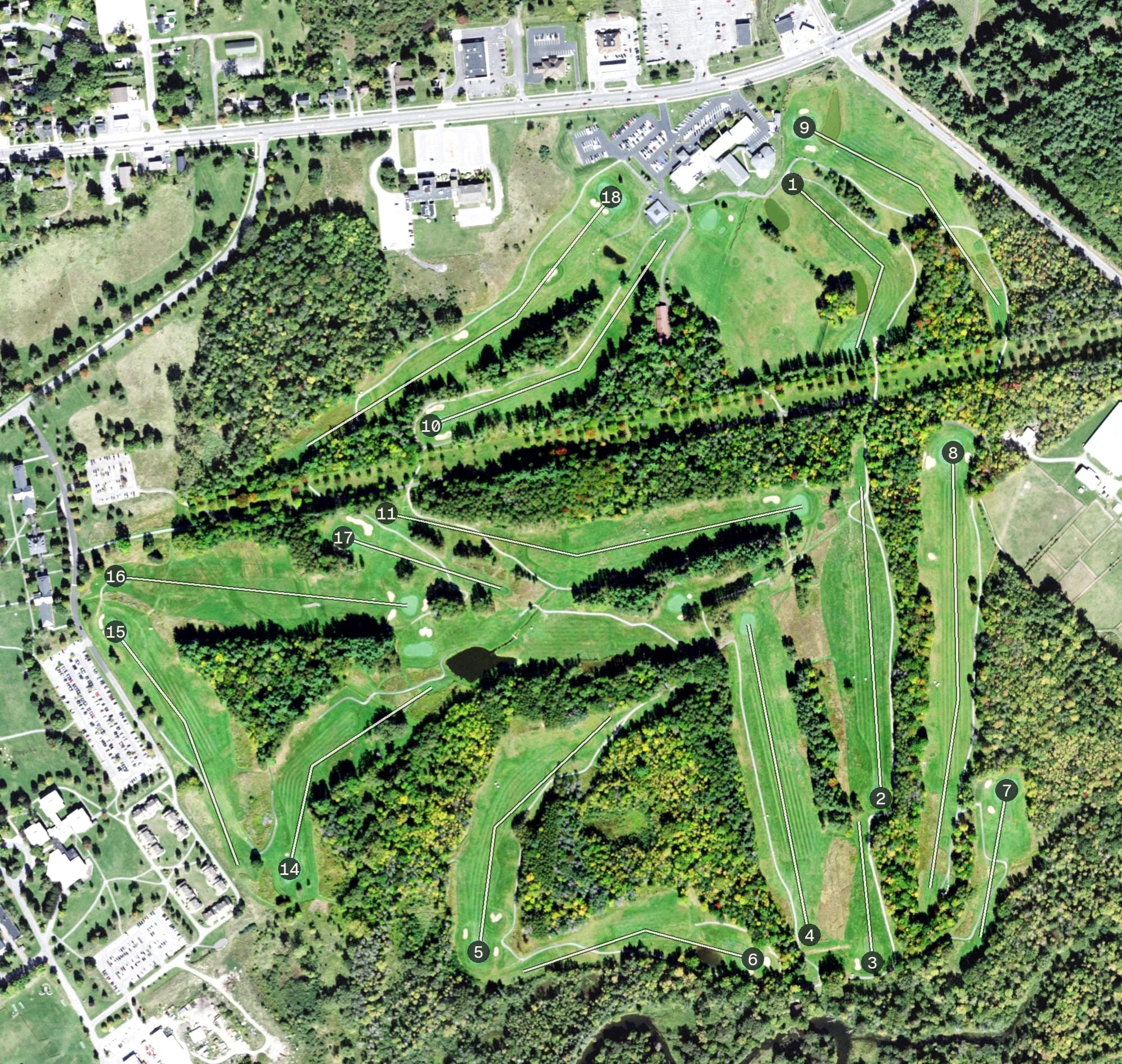 Aerial view of Oliver D. Appleton Golf Course, NY, with its hole routing marked