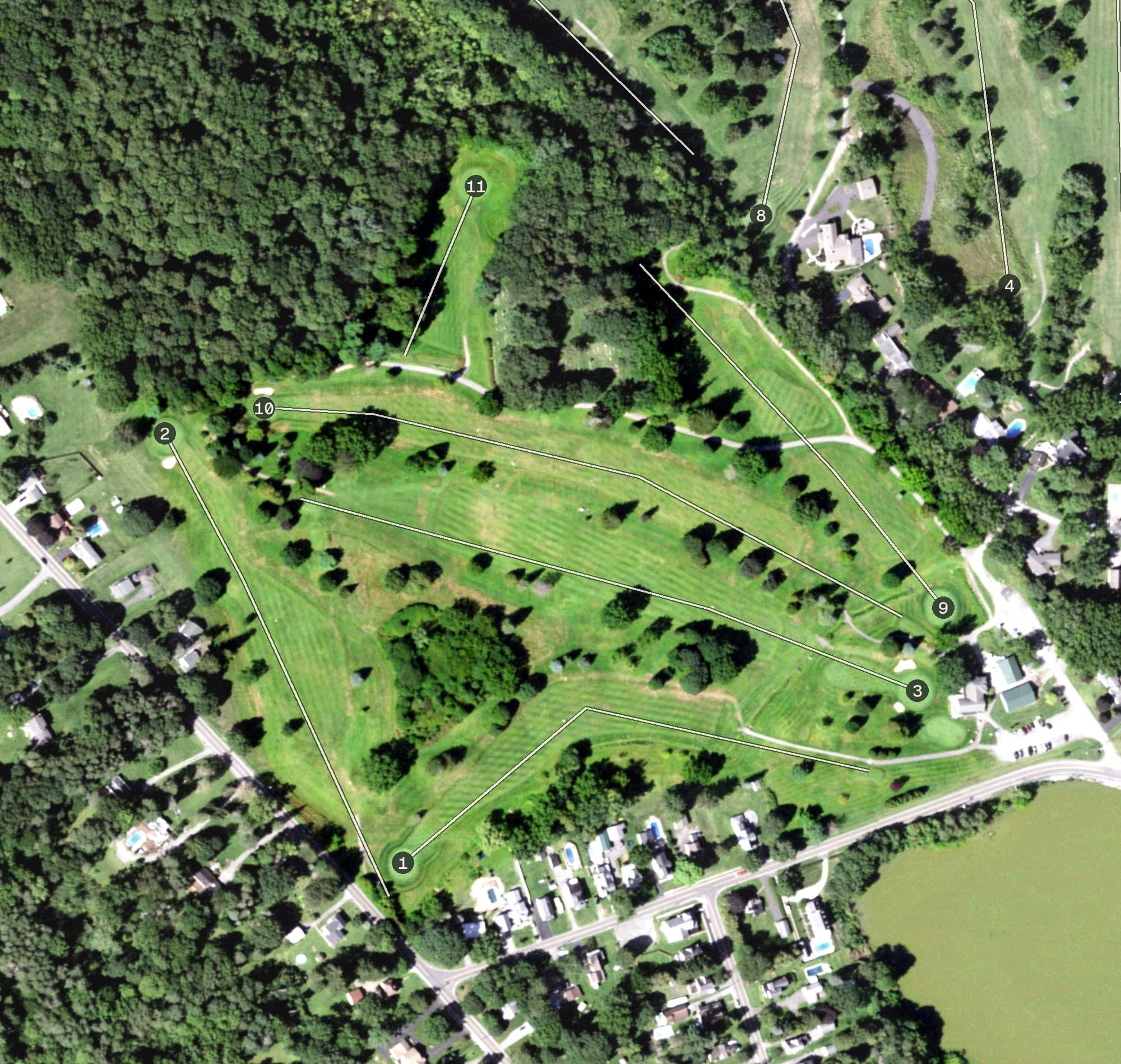 Aerial view of Oneida Community Golf Club, NY, with its hole routing marked