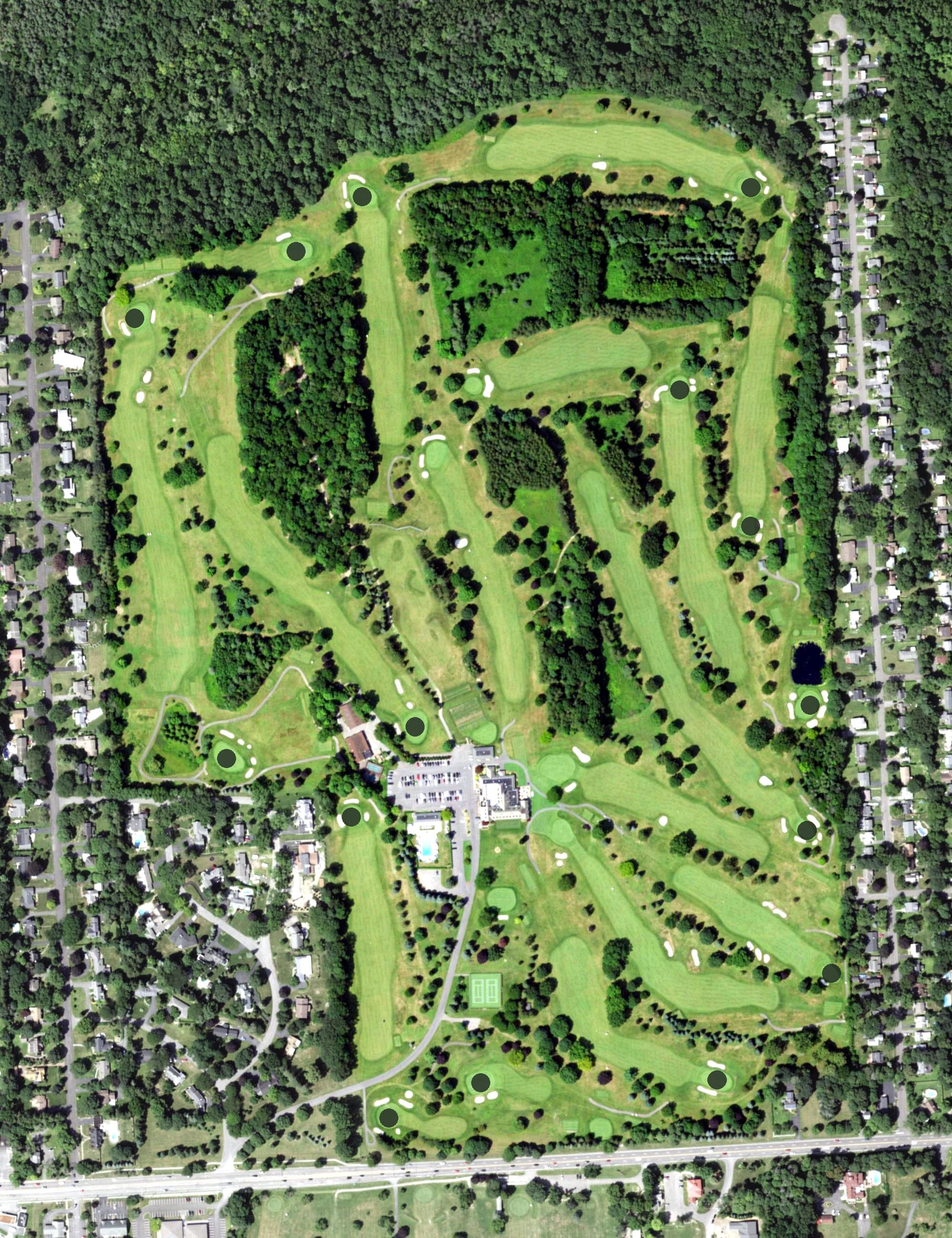 Aerial view of Onondaga Country Club, NY, with its hole routing marked