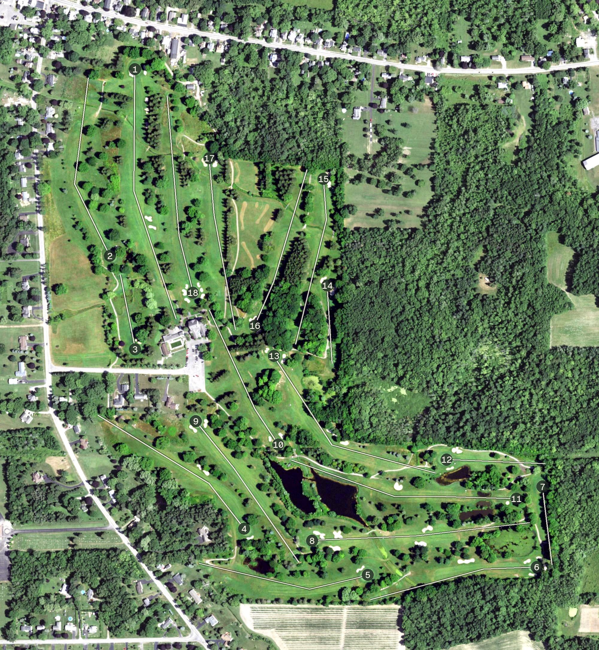 Aerial view of Ontario Golf Club, NY, with its hole routing marked