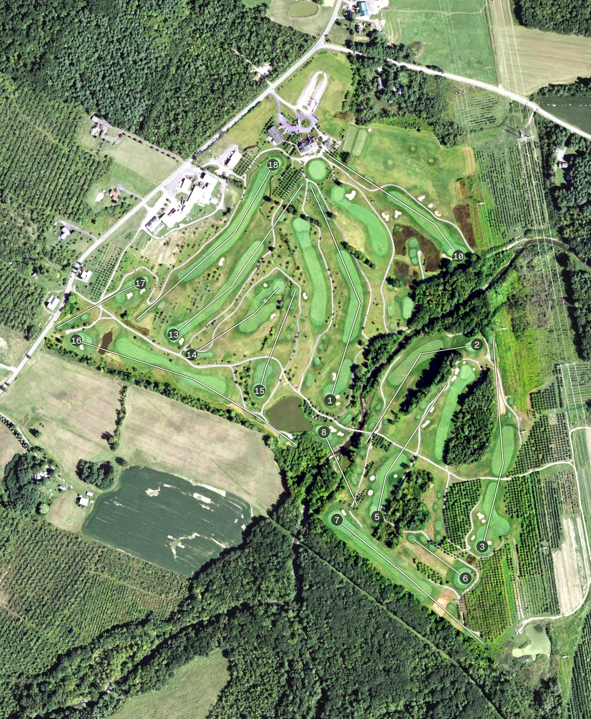 Aerial view of Orchard Creek Golf Club, NY, with its hole routing marked