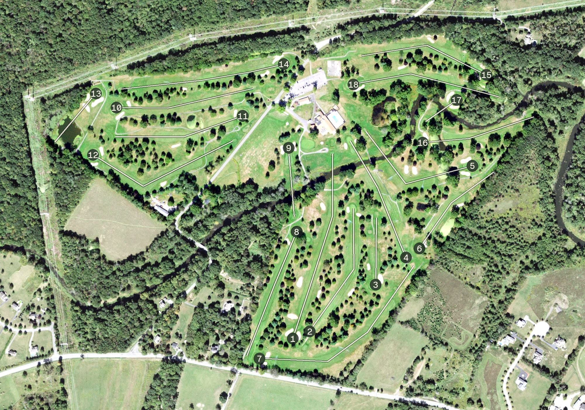 Aerial view of Otterkill Country Club, NY, with its hole routing marked