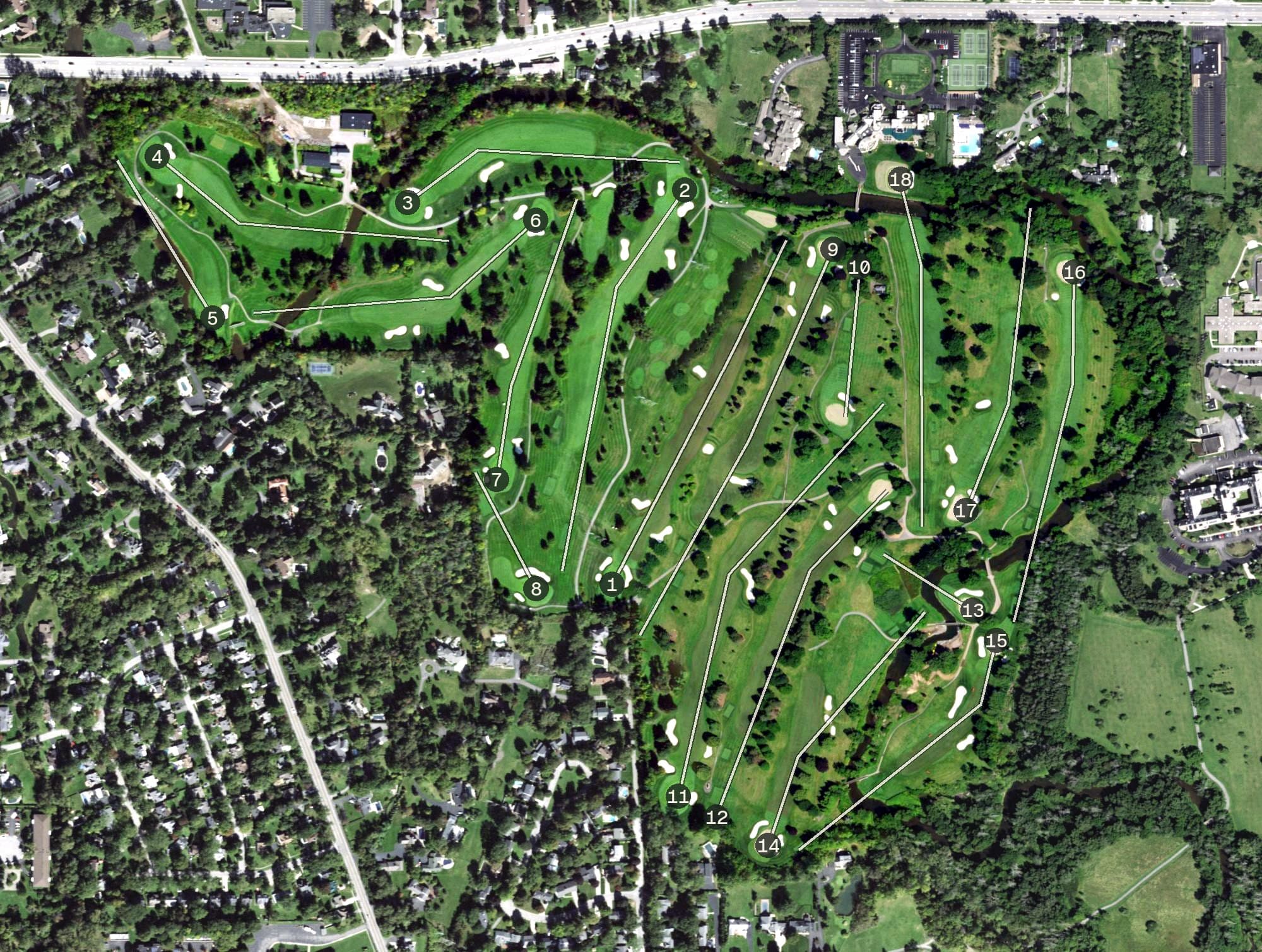 Aerial view of Park Country Club, NY, with its hole routing marked