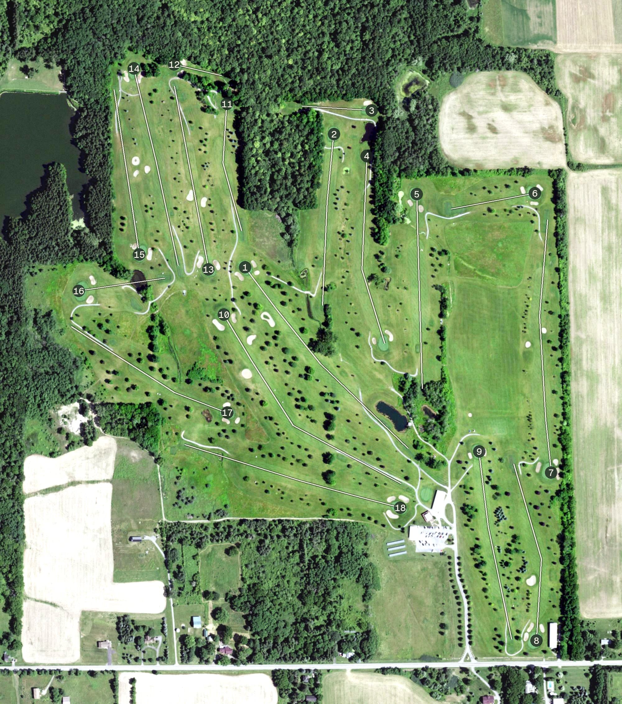 Aerial view of Parkview Fairways, NY, with its hole routing marked