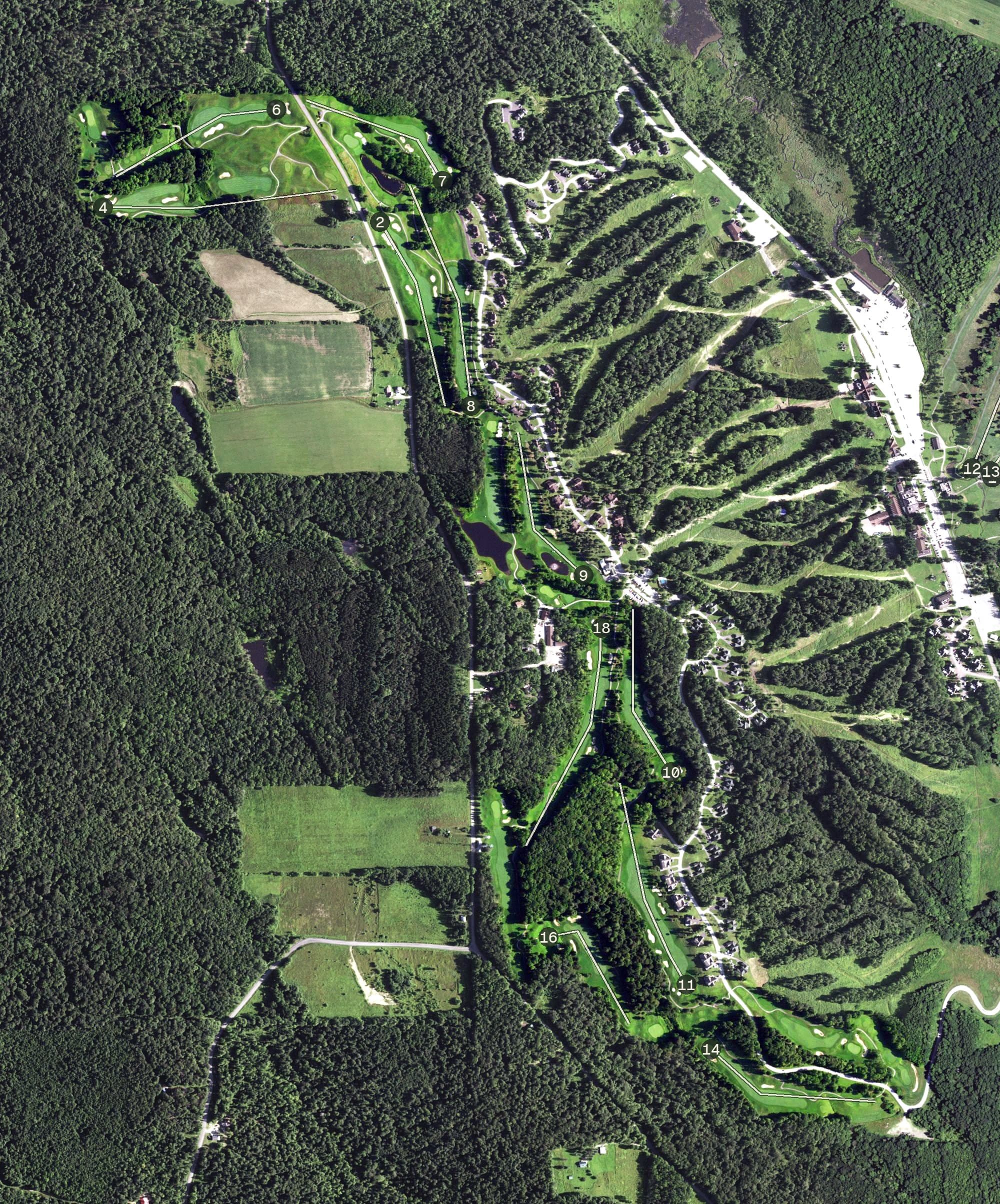 Aerial view of Peek'n Peak Resort, NY, with its hole routing marked