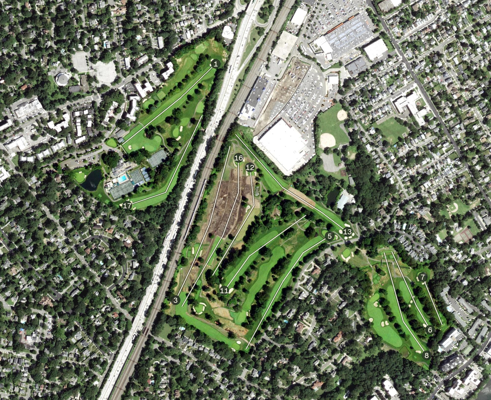 Aerial view of Pelham Country Club, NY, with its hole routing marked