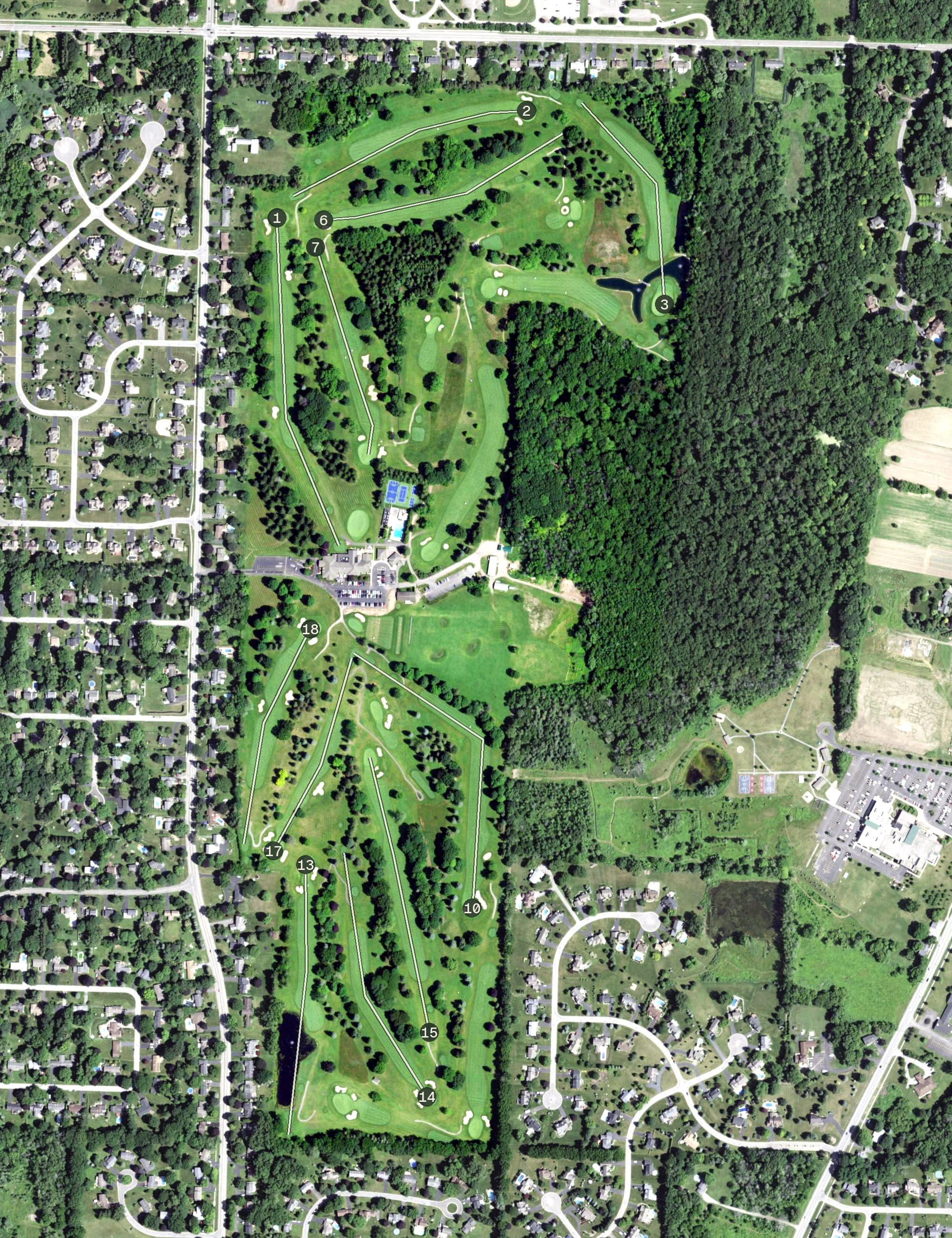 Aerial view of Penfield Country Club, NY, with its hole routing marked