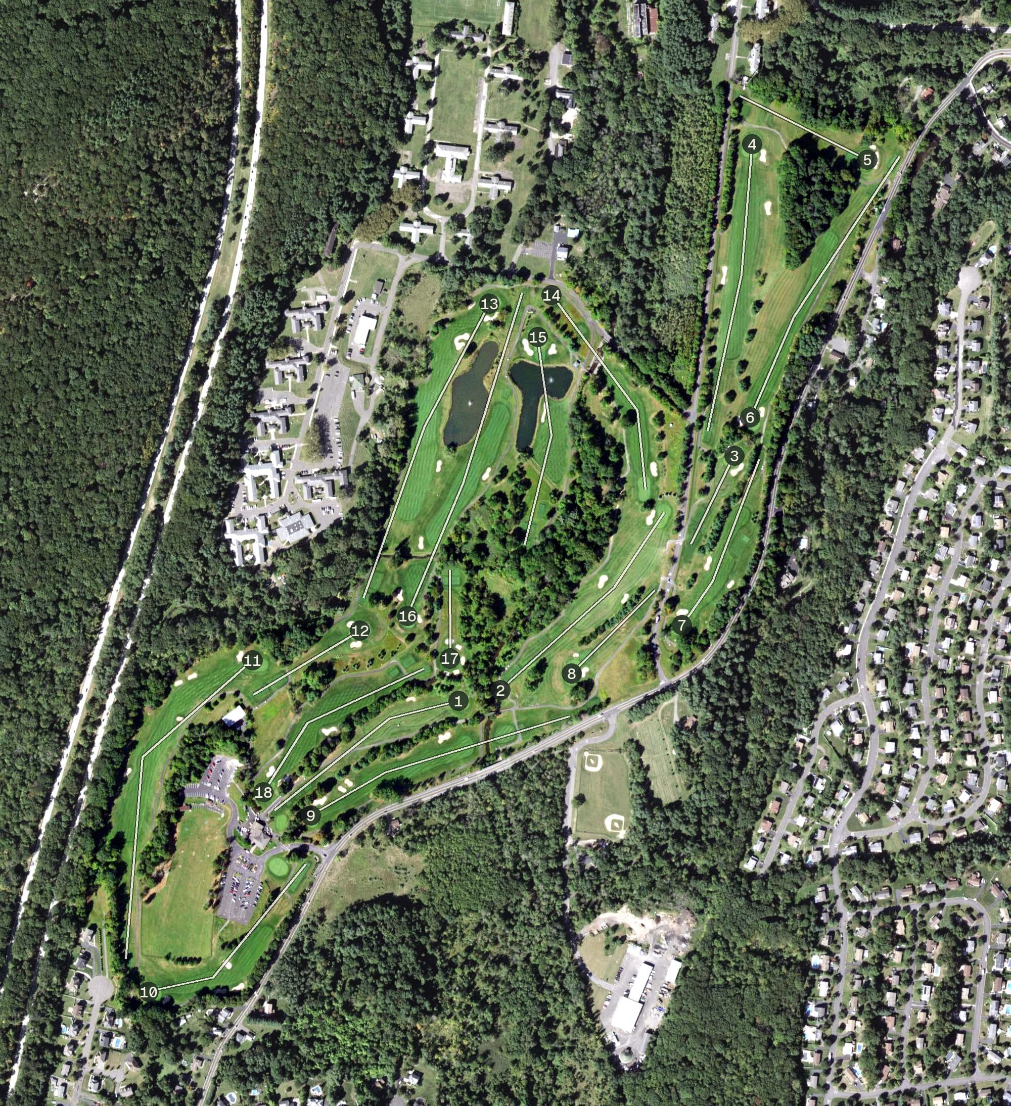 Aerial view of Phillip J. Rotella Memorial Golf Course, NY, with its hole routing marked