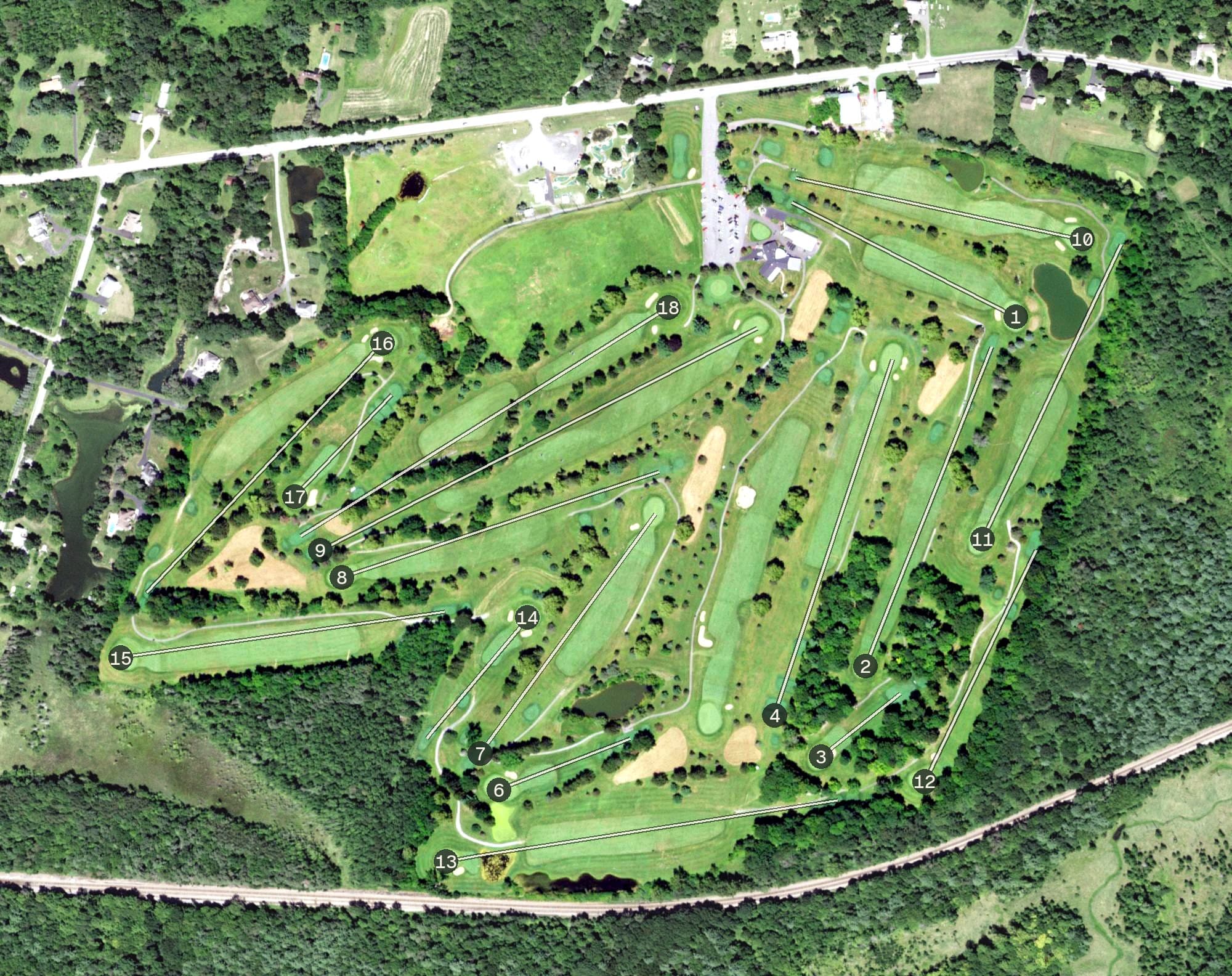 Aerial view of Players Park Golf Course, NY, with its hole routing marked