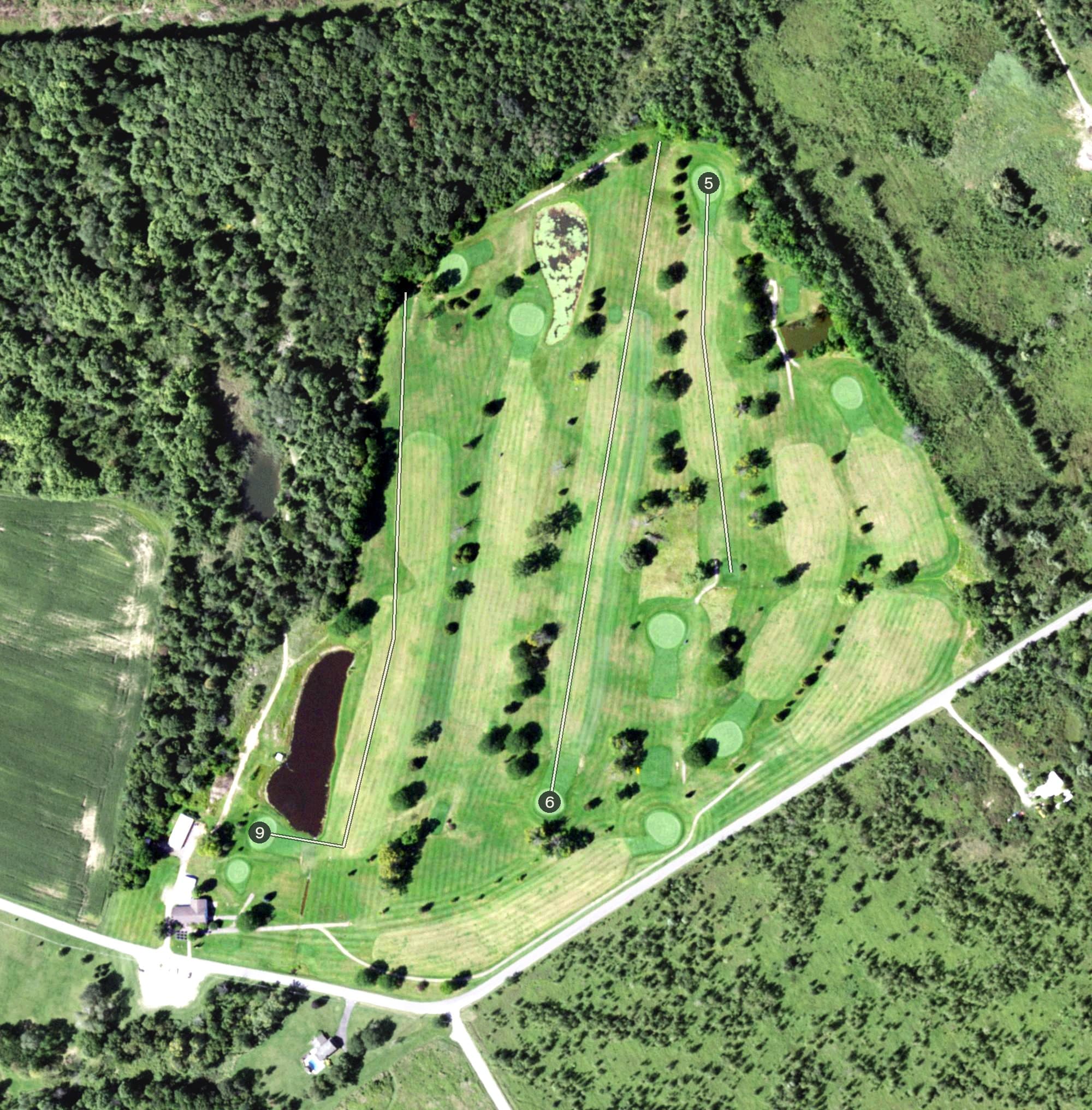 Aerial view of Pleasant Knolls, NY, with its hole routing marked