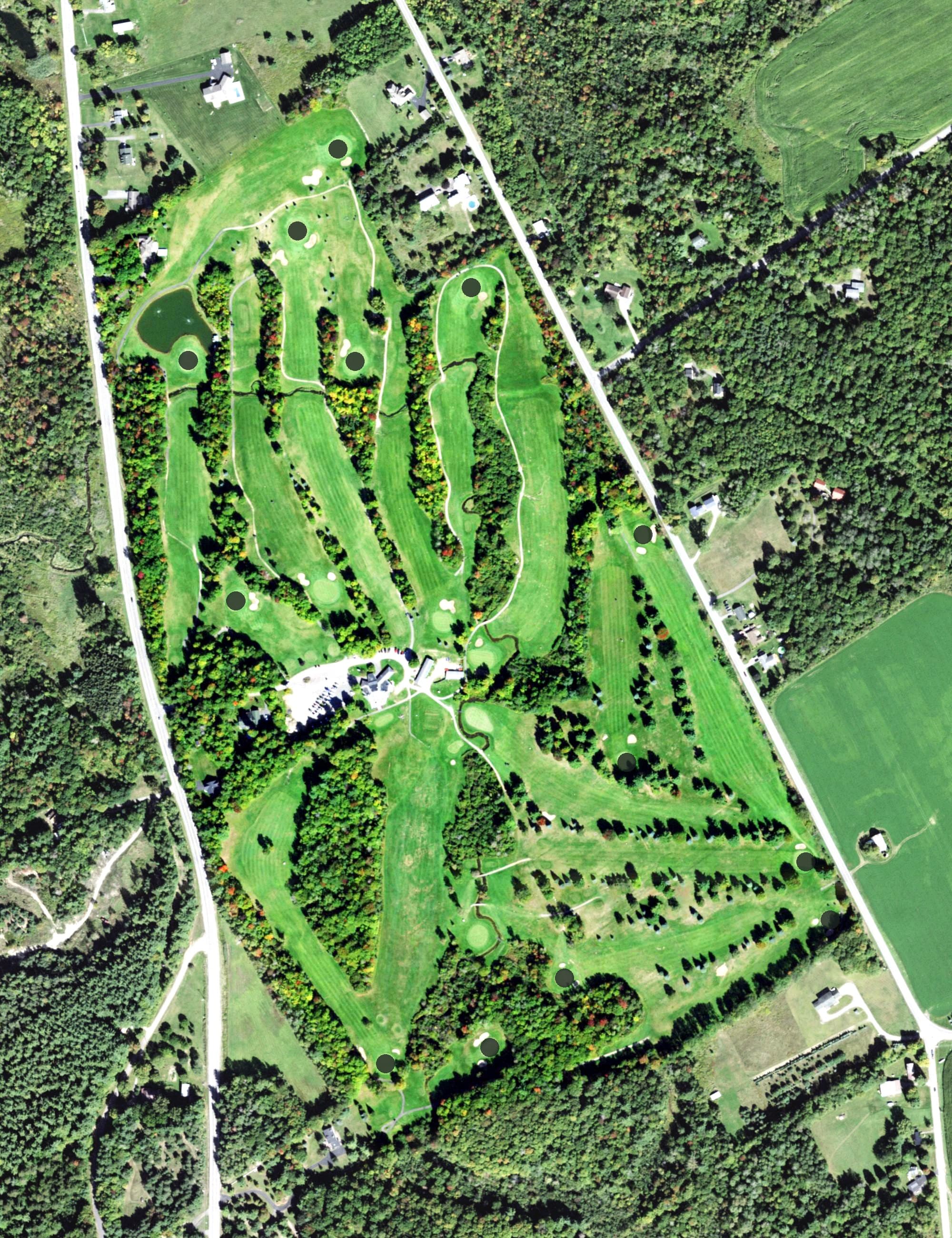 Aerial view of Potsdam Town & Country Club, NY, with its hole routing marked