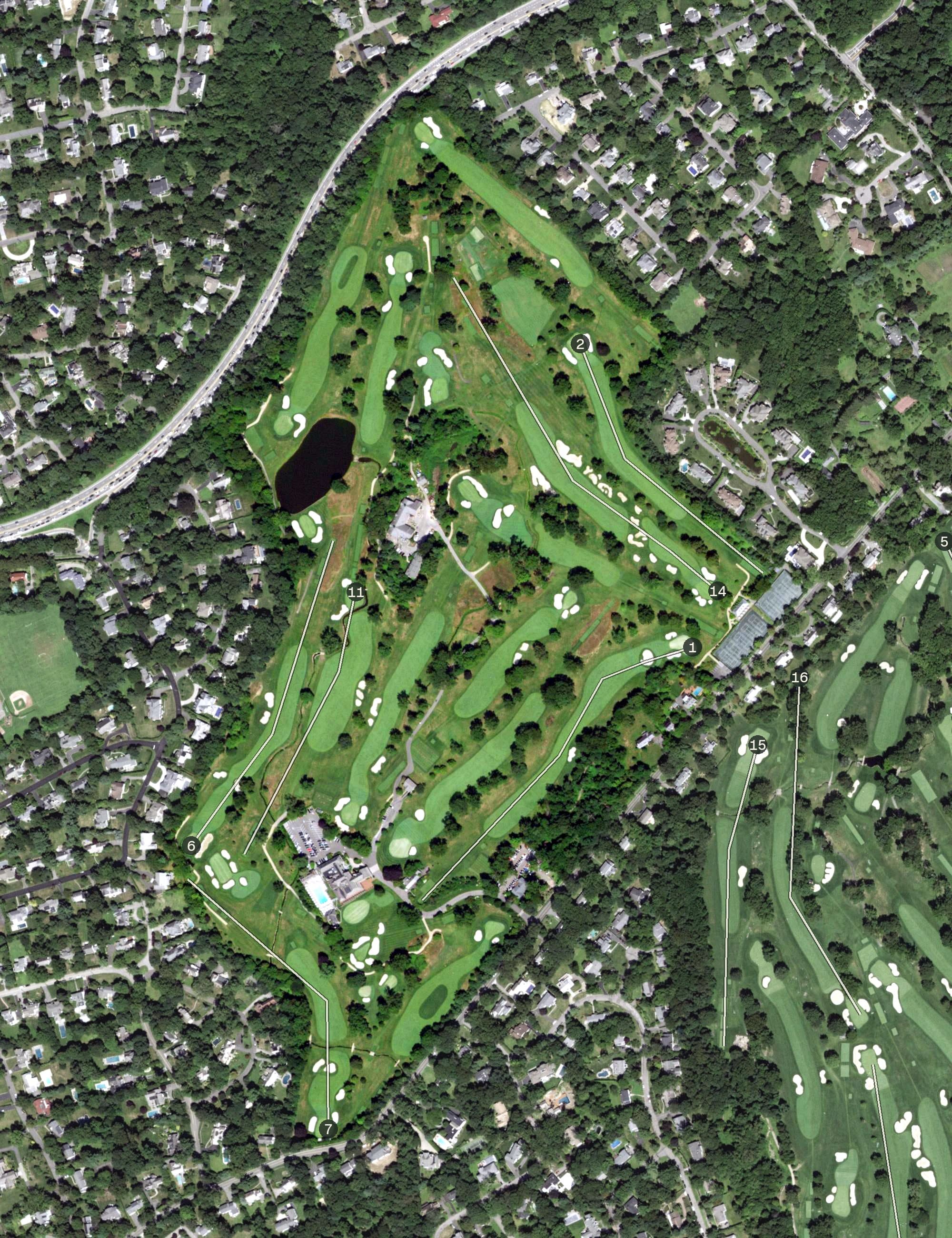 Aerial view of Quaker Ridge Golf Club, NY, with its hole routing marked