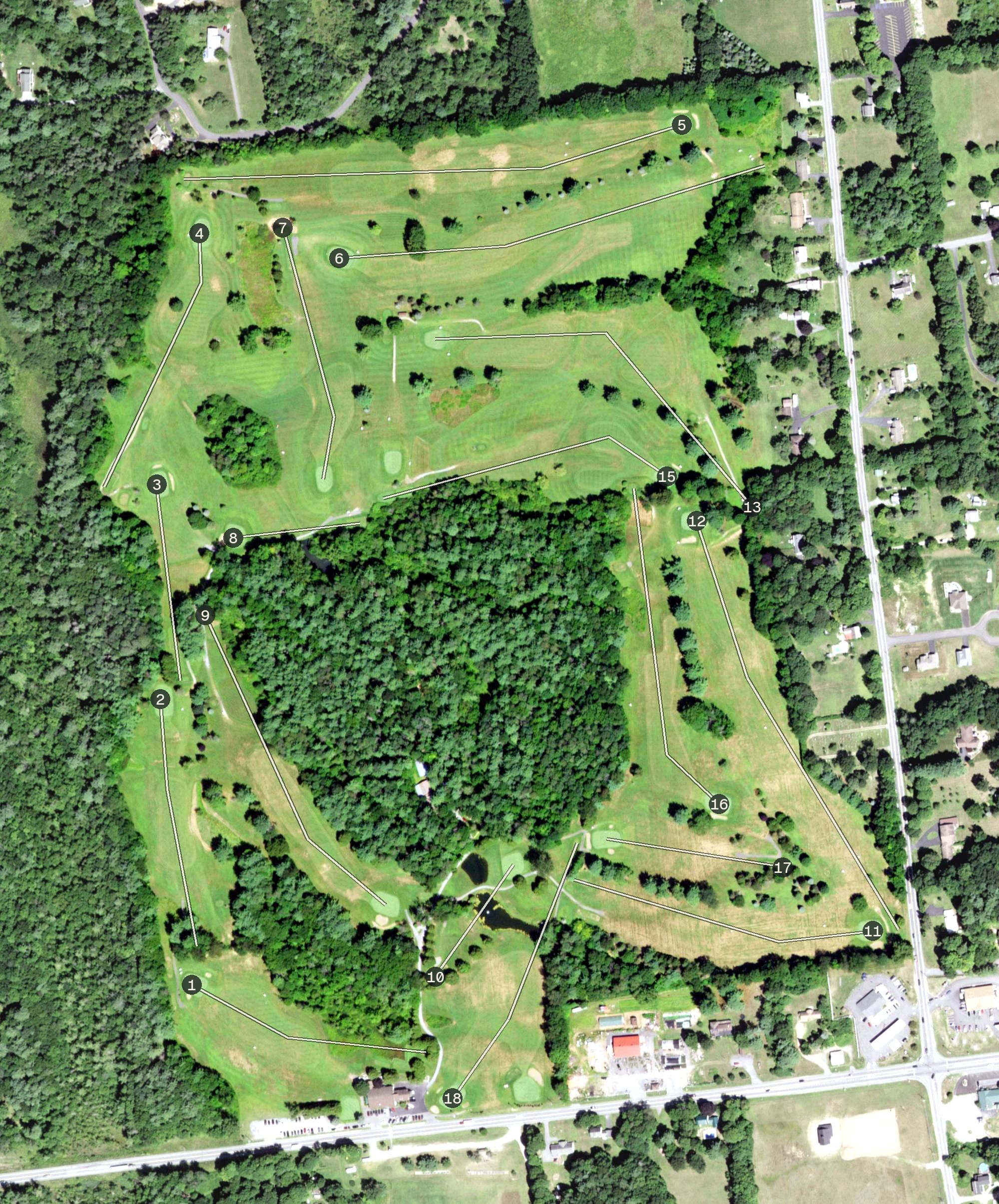 Aerial view of Queensbury Country Club, NY, with its hole routing marked