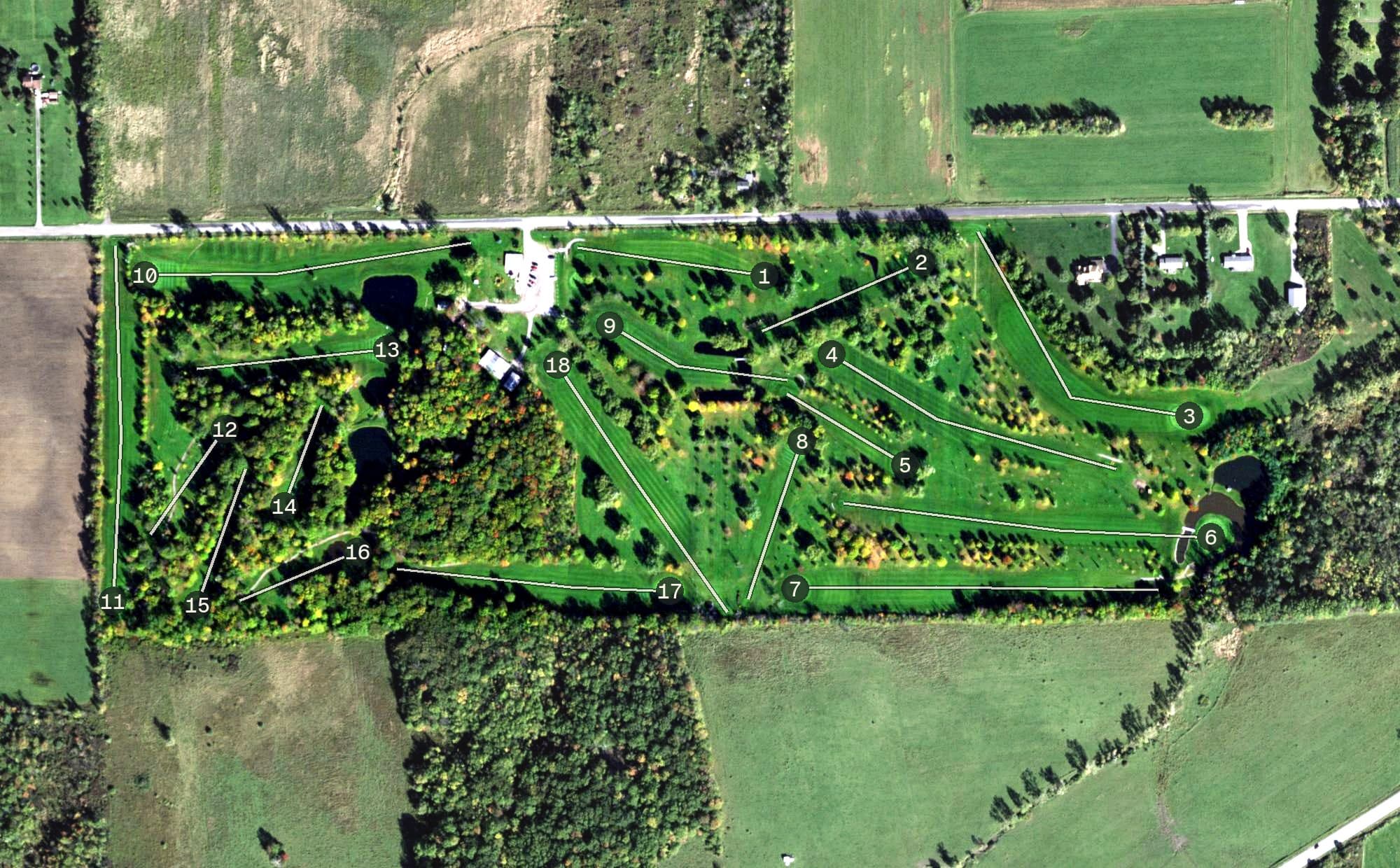 Aerial view of Quiet Times Golf Course, NY, with its hole routing marked