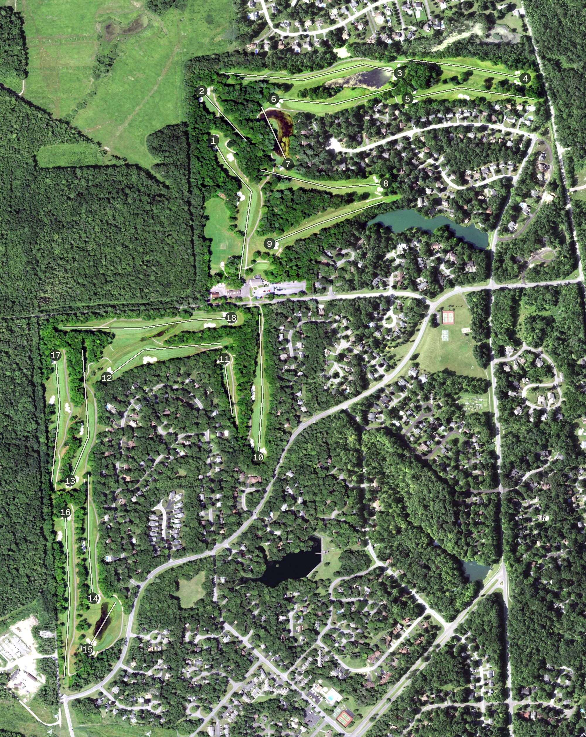 Aerial view of Radisson Greens, NY, with its hole routing marked