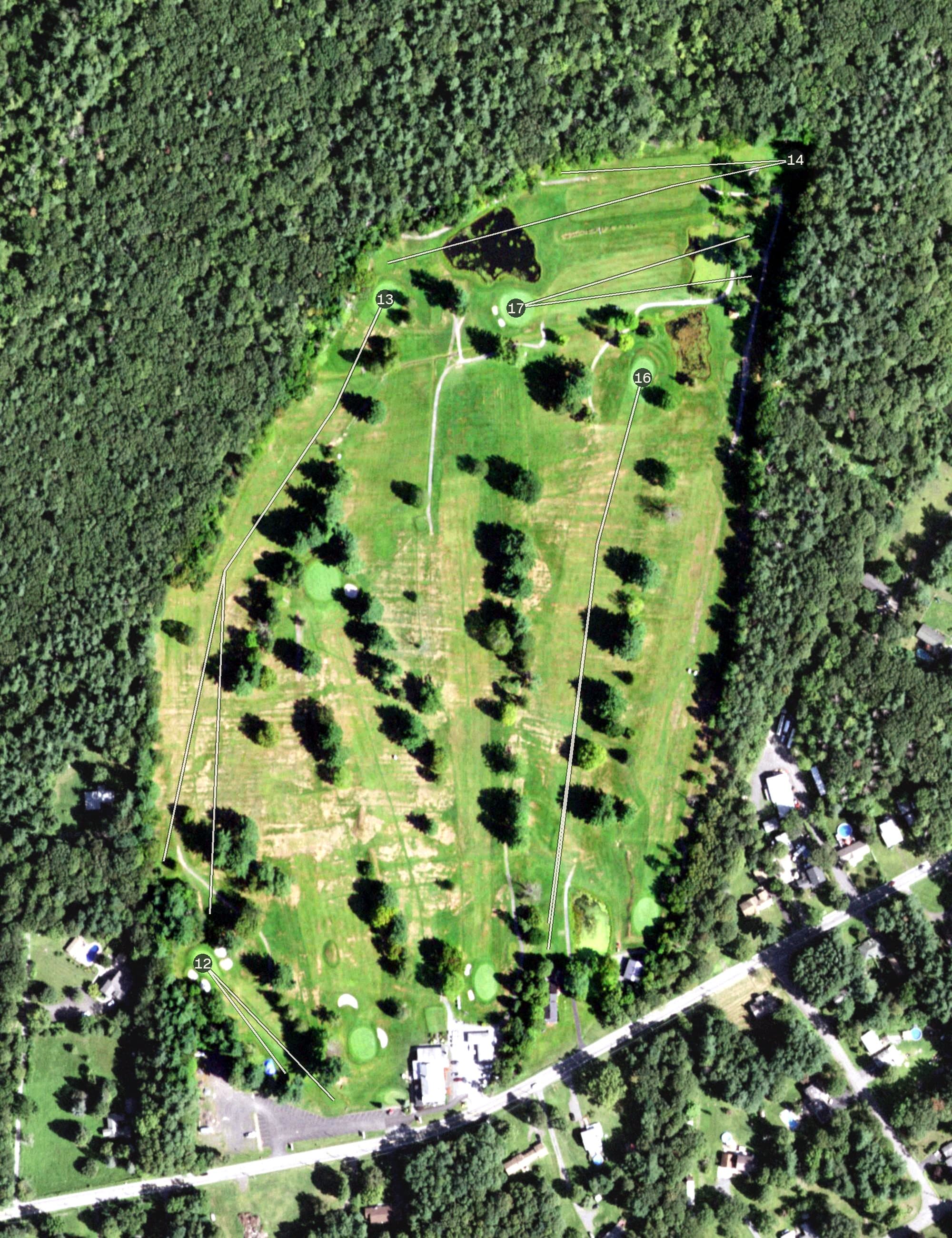 Aerial view of Rip Van Winkle Country Club, NY, with its hole routing marked