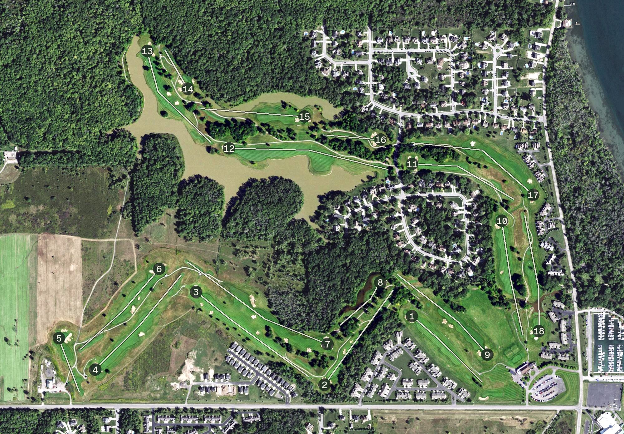 Aerial view of River Oaks Golf Club, NY, with its hole routing marked