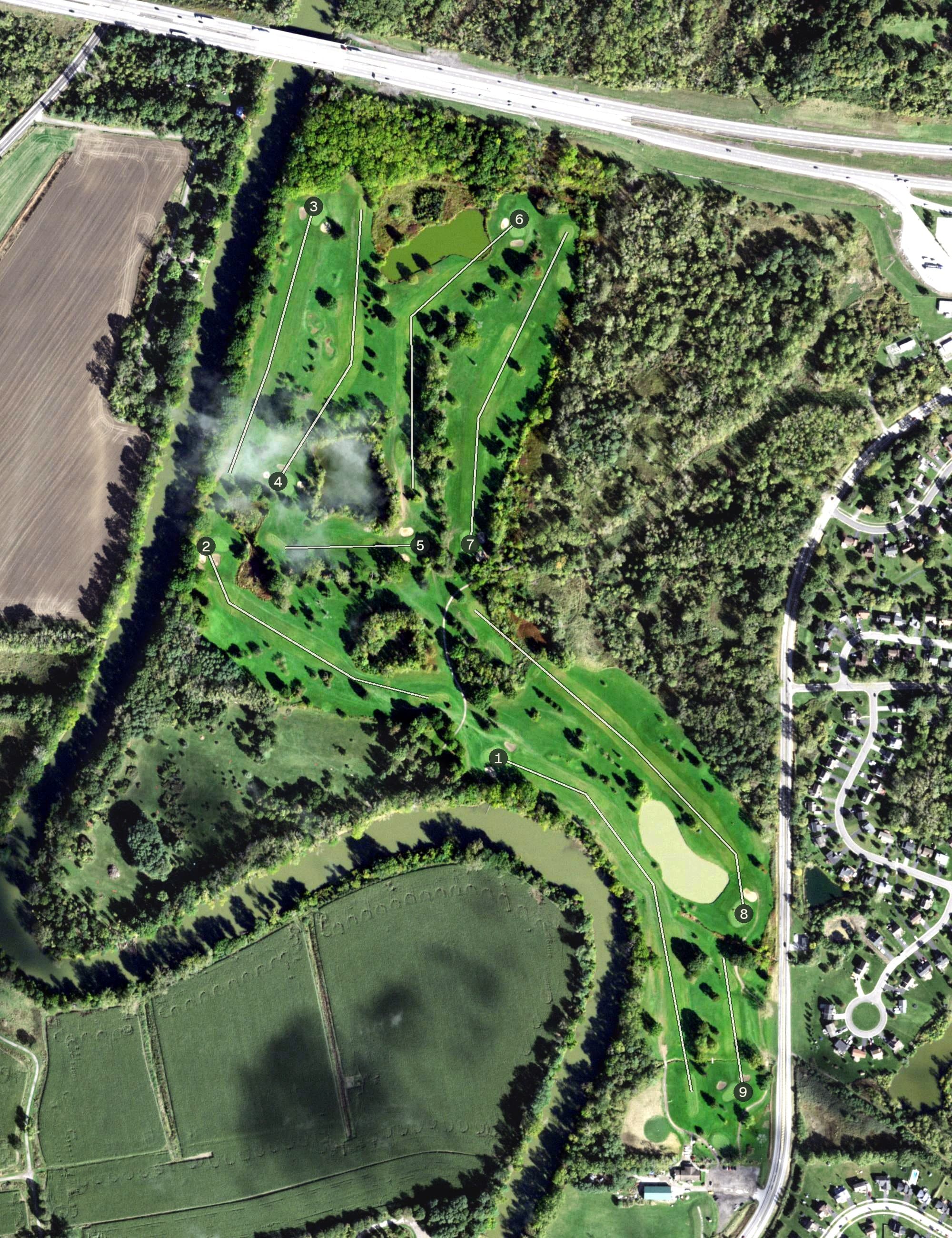 Aerial view of Riverton Oaks Municipal Golf Course, NY, with its hole routing marked