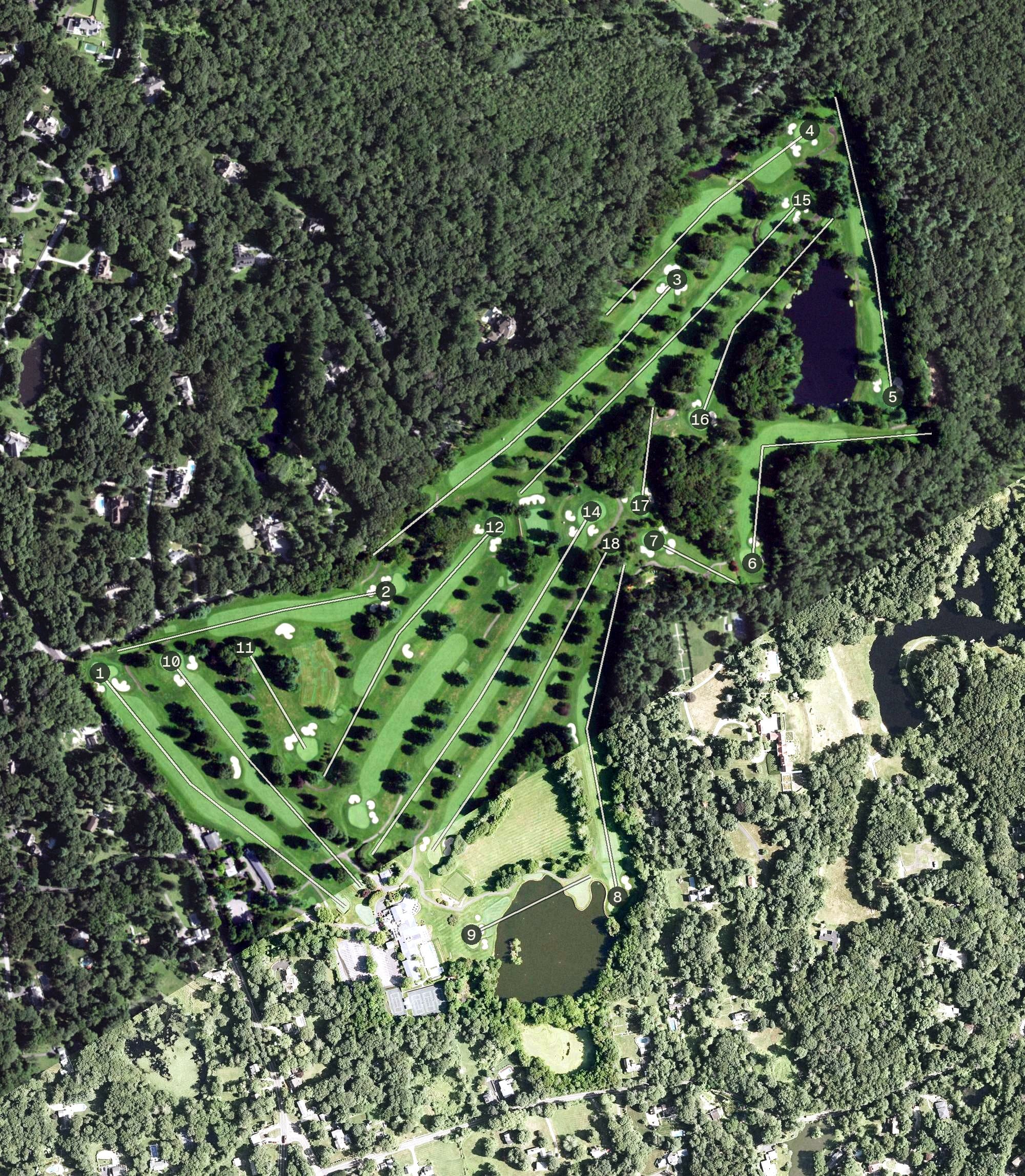 Aerial view of Rockrimmon Country Club, NY, with its hole routing marked