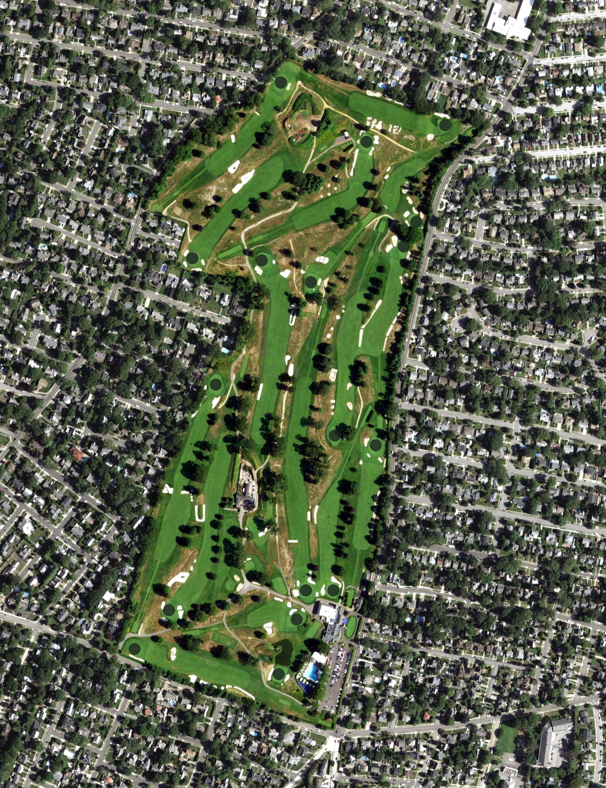 Aerial view of Rockville Links Golf Club, NY, with its hole routing marked