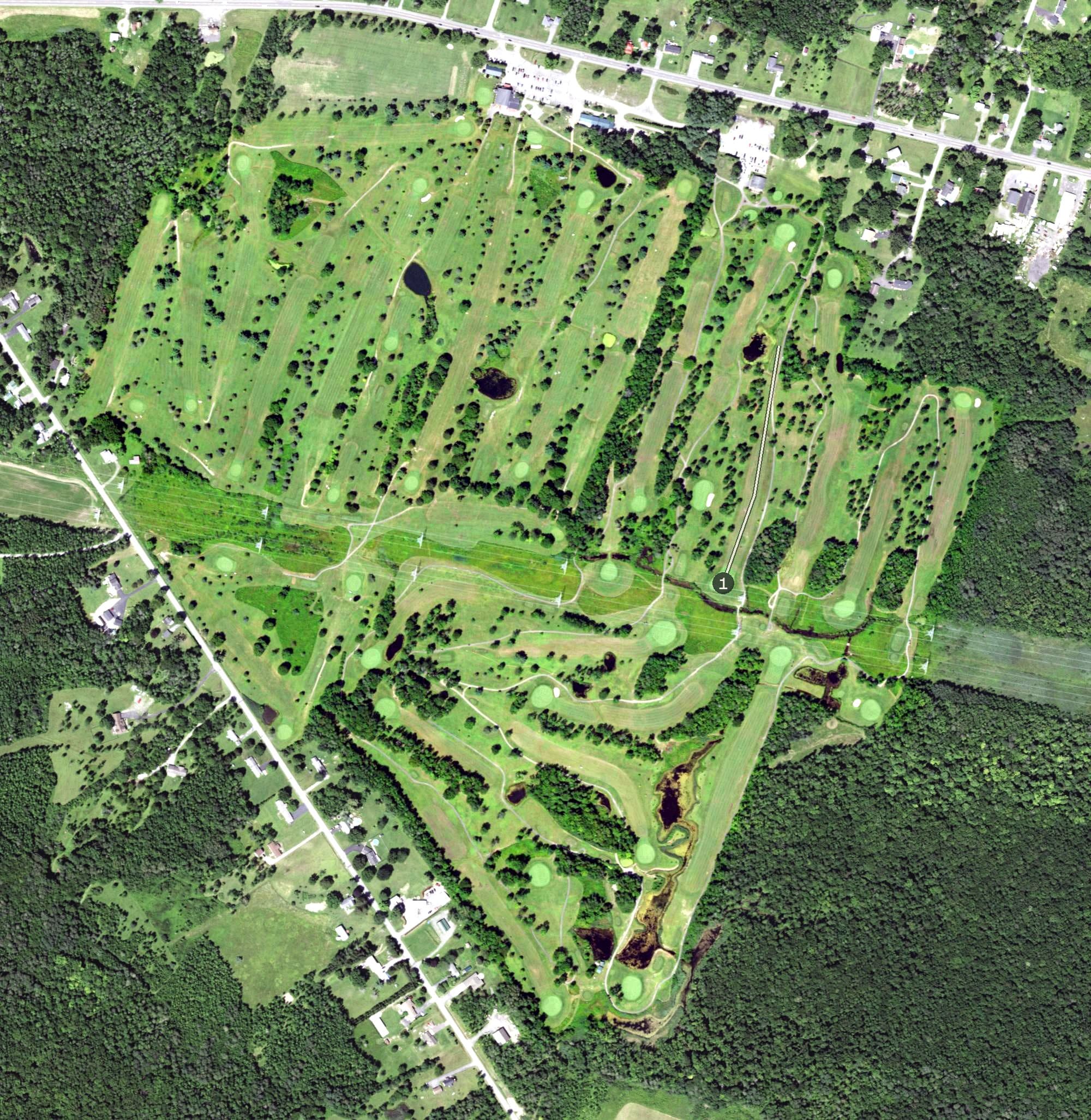 Aerial view of Rogues Roost, NY, with its hole routing marked