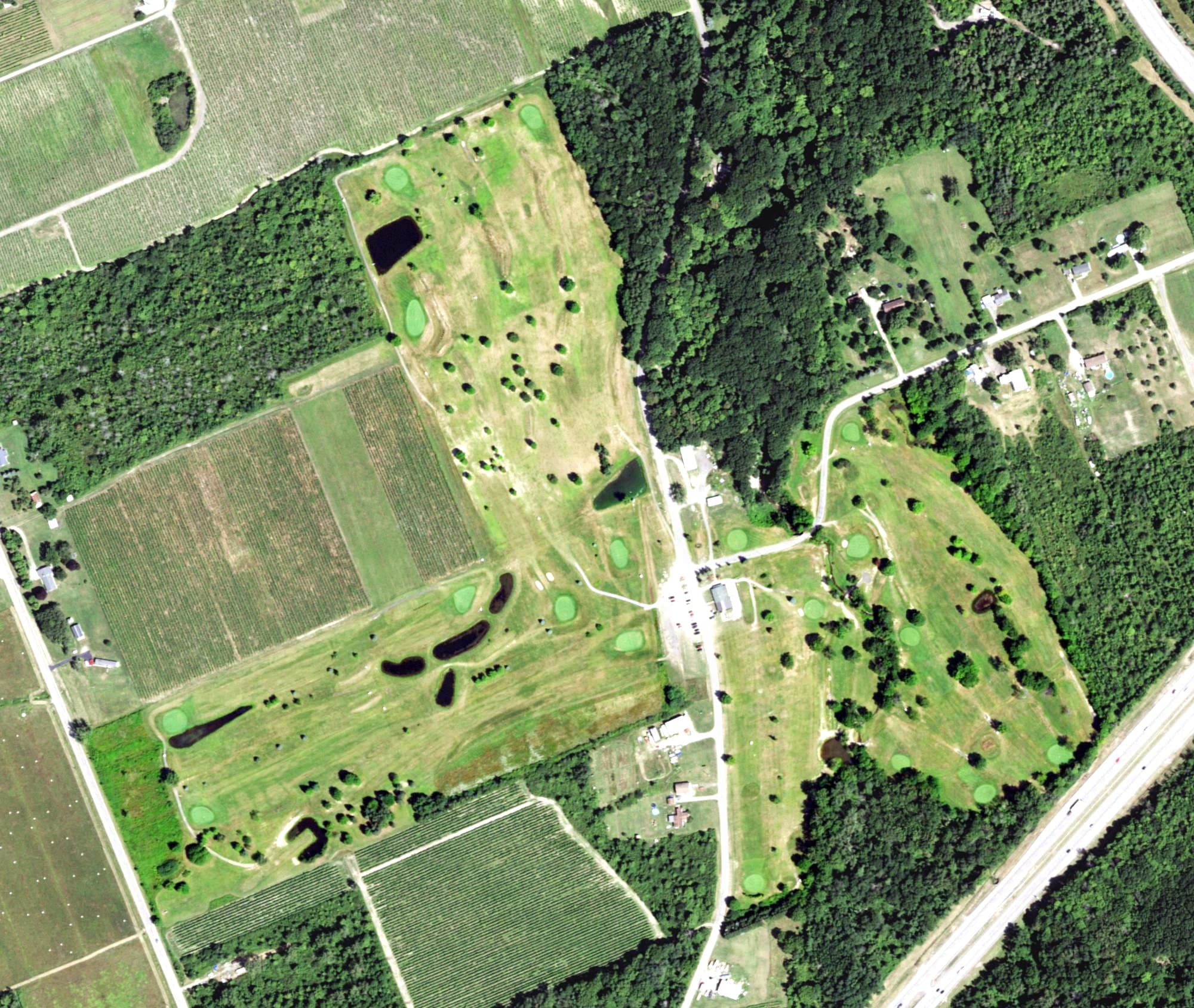 Aerial view of Rose Brook Golf Course, NY, with its hole routing marked