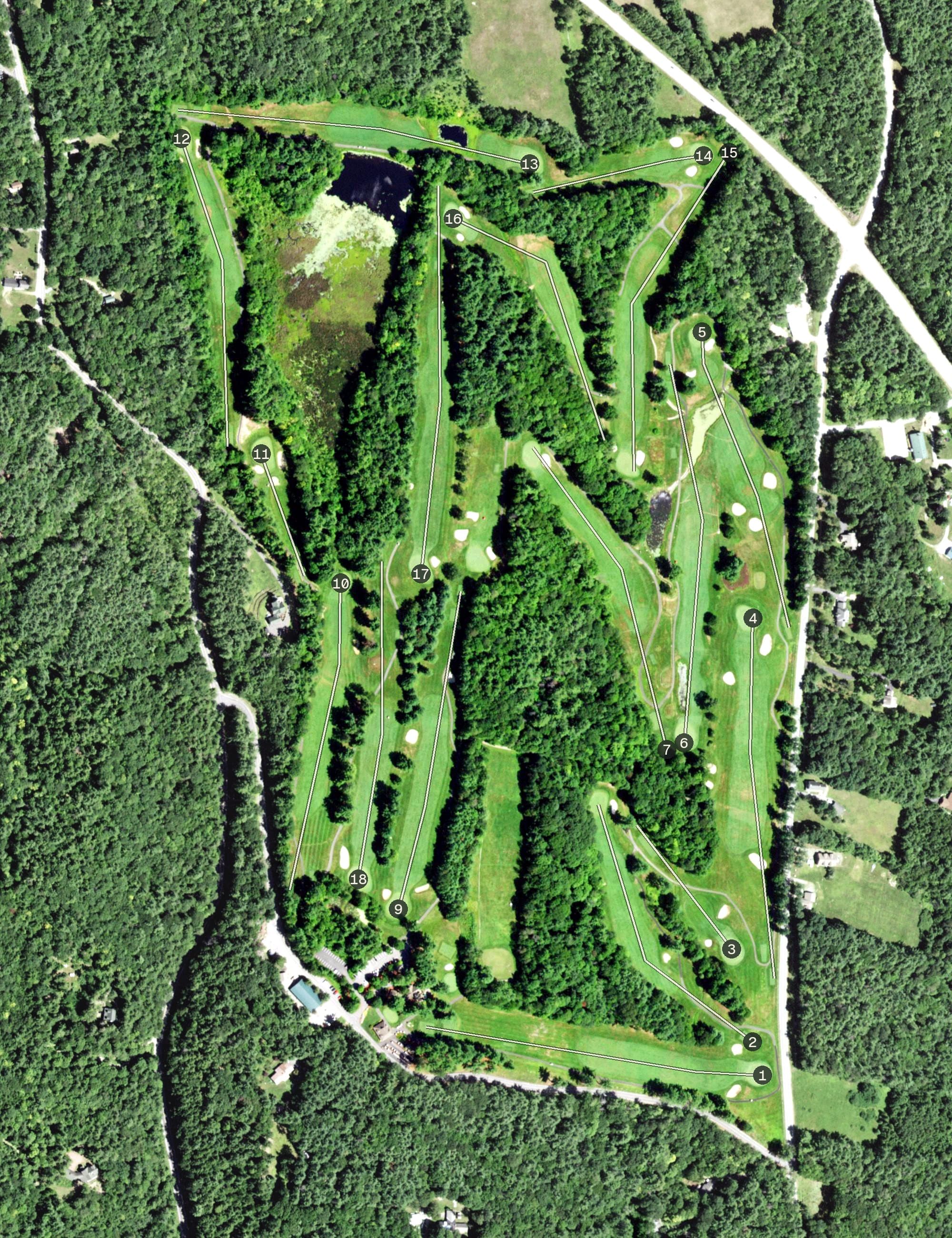 Aerial view of Sagamore Golf Course, NY, with its hole routing marked