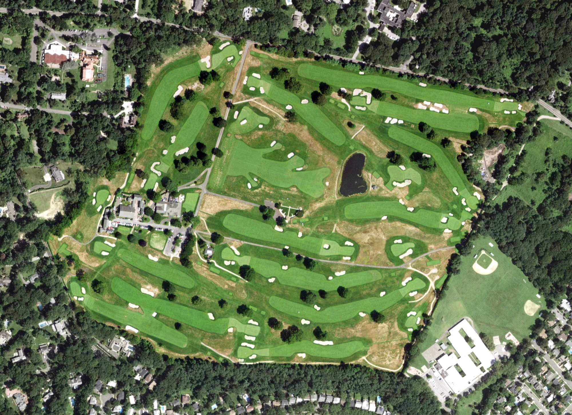 Aerial view of Sands Point Golf Club, NY, with its hole routing marked