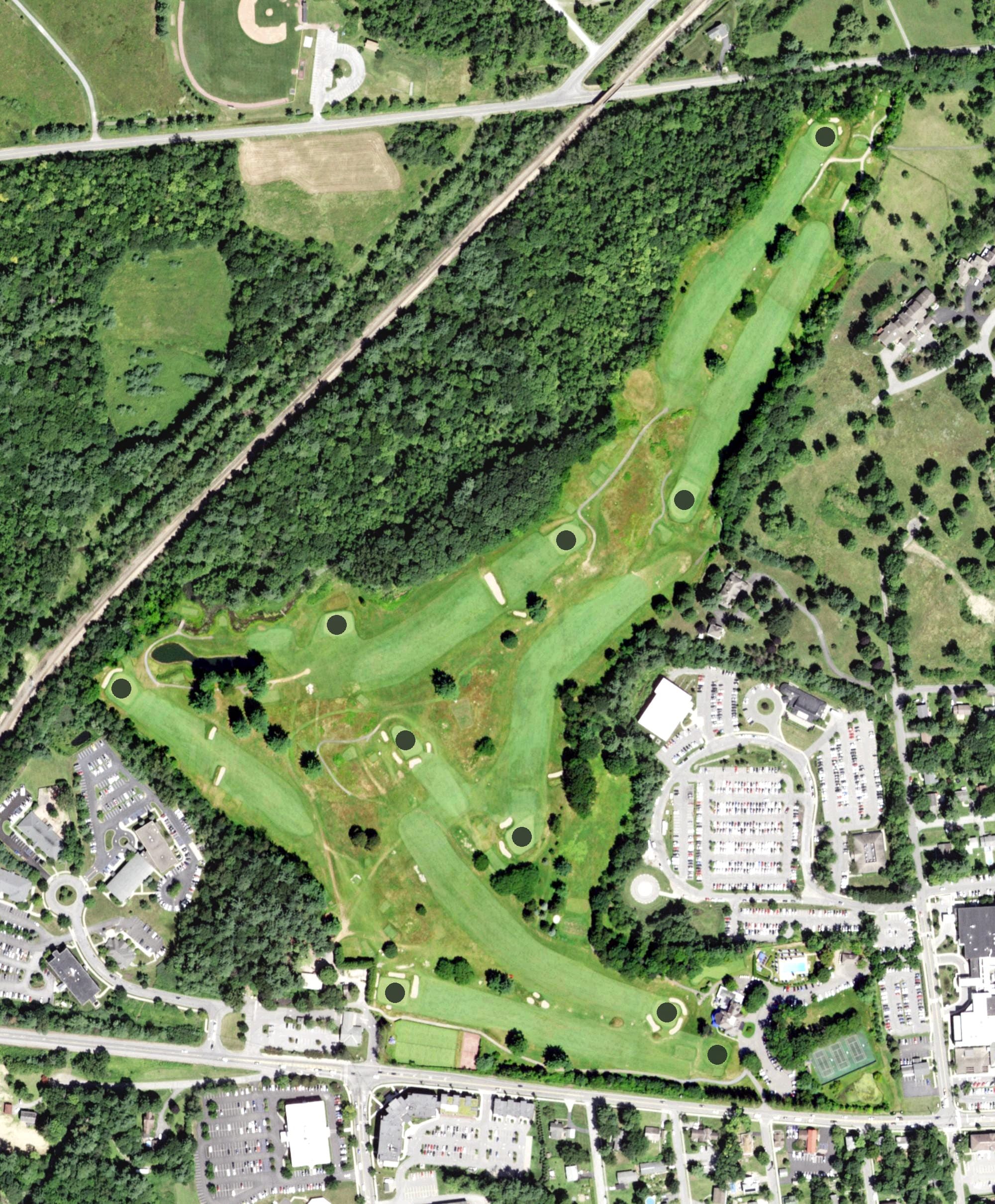 Aerial view of Saratoga Golf & Polo Club, NY, with its hole routing marked