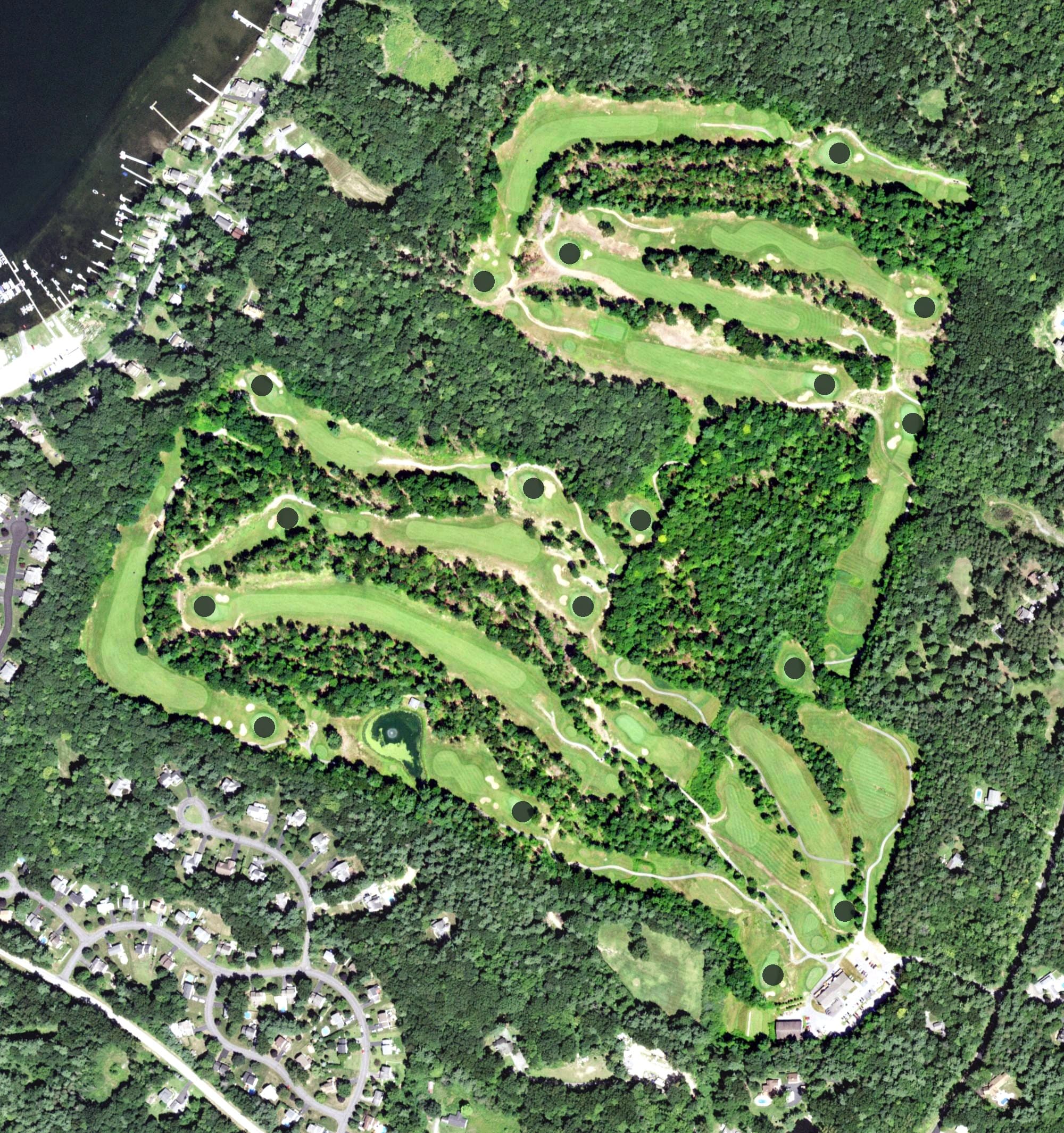 Aerial view of Saratoga Lake Golf Club, NY, with its hole routing marked