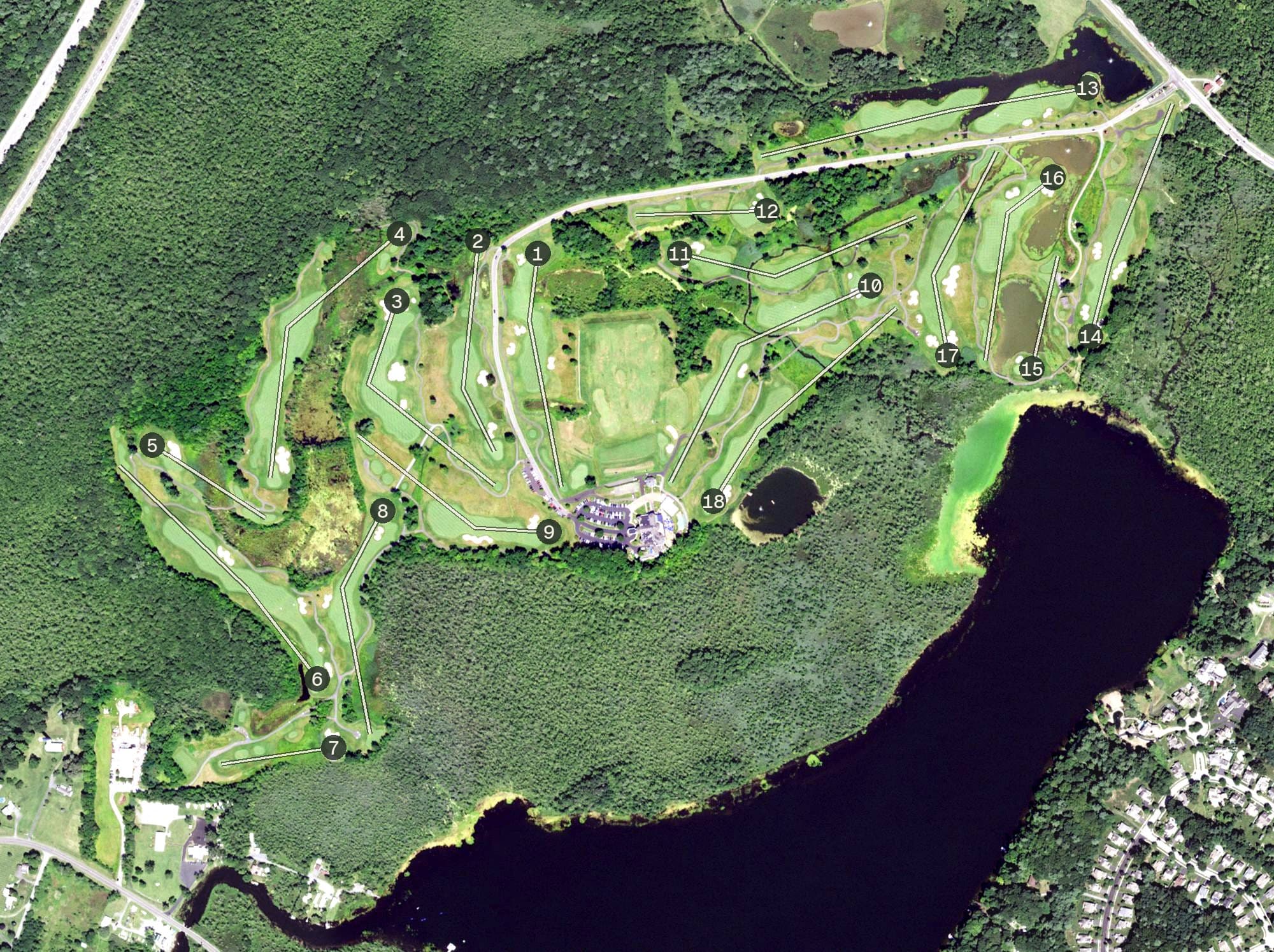 Aerial view of Saratoga National Golf Course, NY, with its hole routing marked