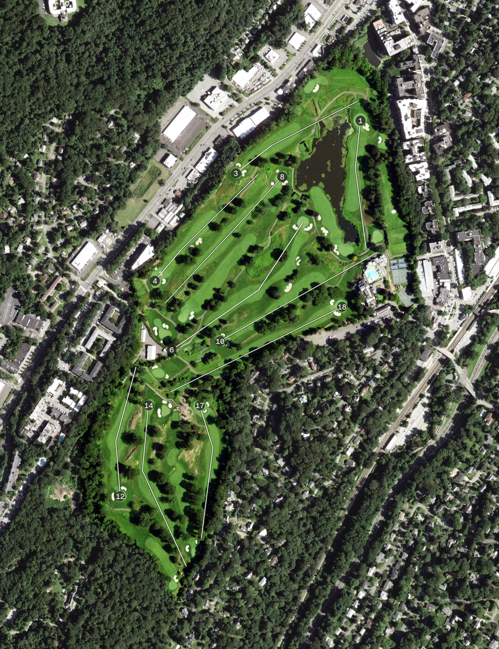 Aerial view of Scarsdale Country Club, NY, with its hole routing marked