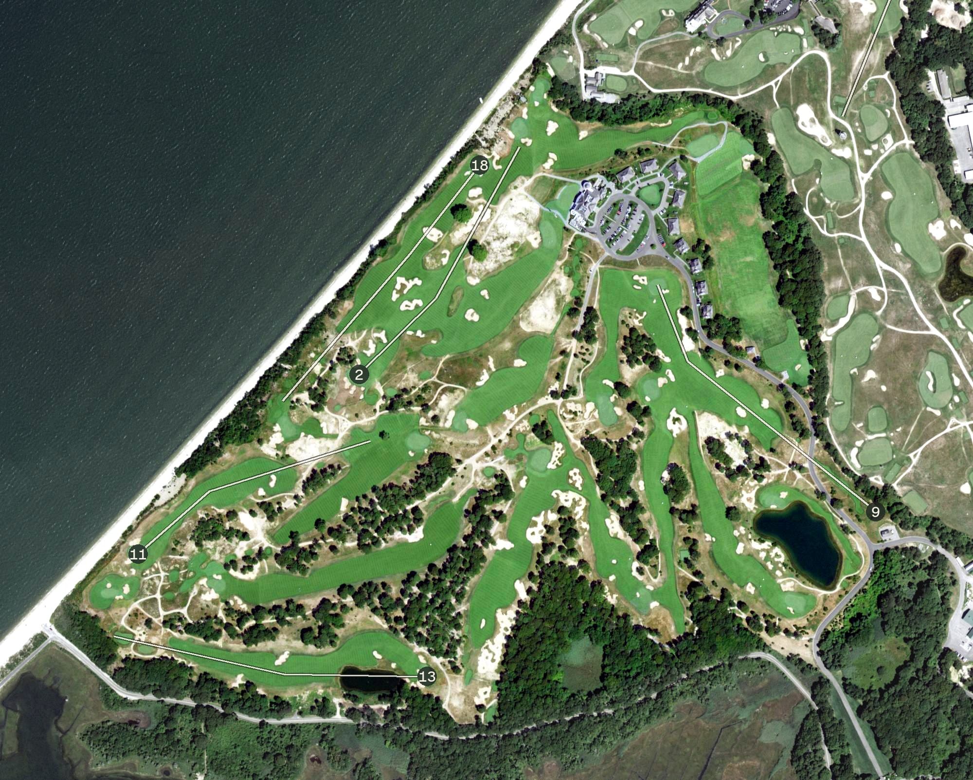 Aerial view of Sebonack Golf Course, NY, with its hole routing marked