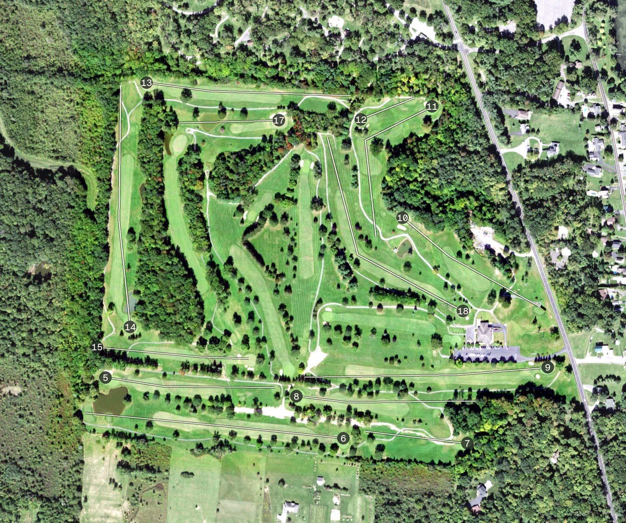 Aerial view of Seneca Falls Country Club, NY, with its hole routing marked