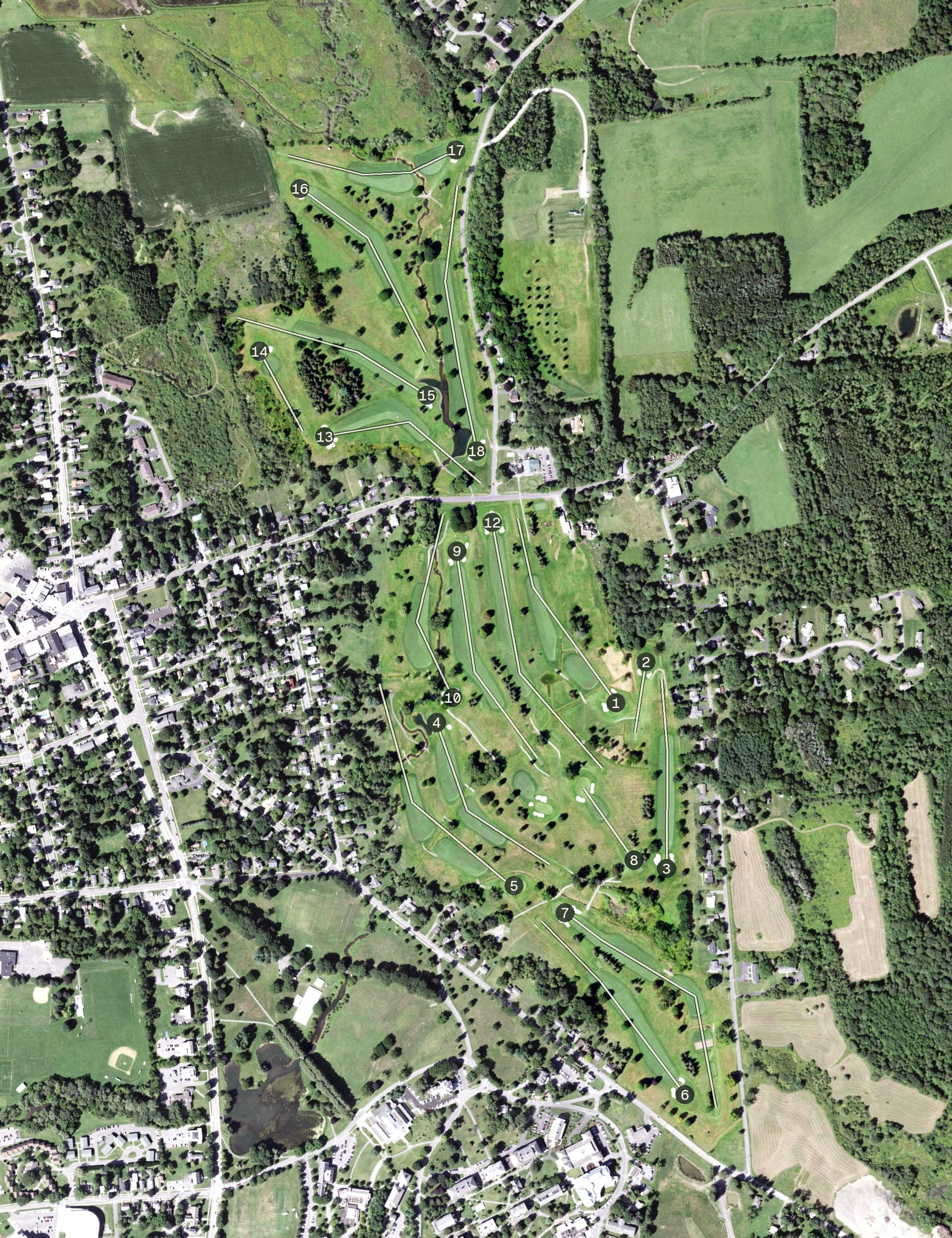 Aerial view of Seven Oaks Golf Course, NY, with its hole routing marked