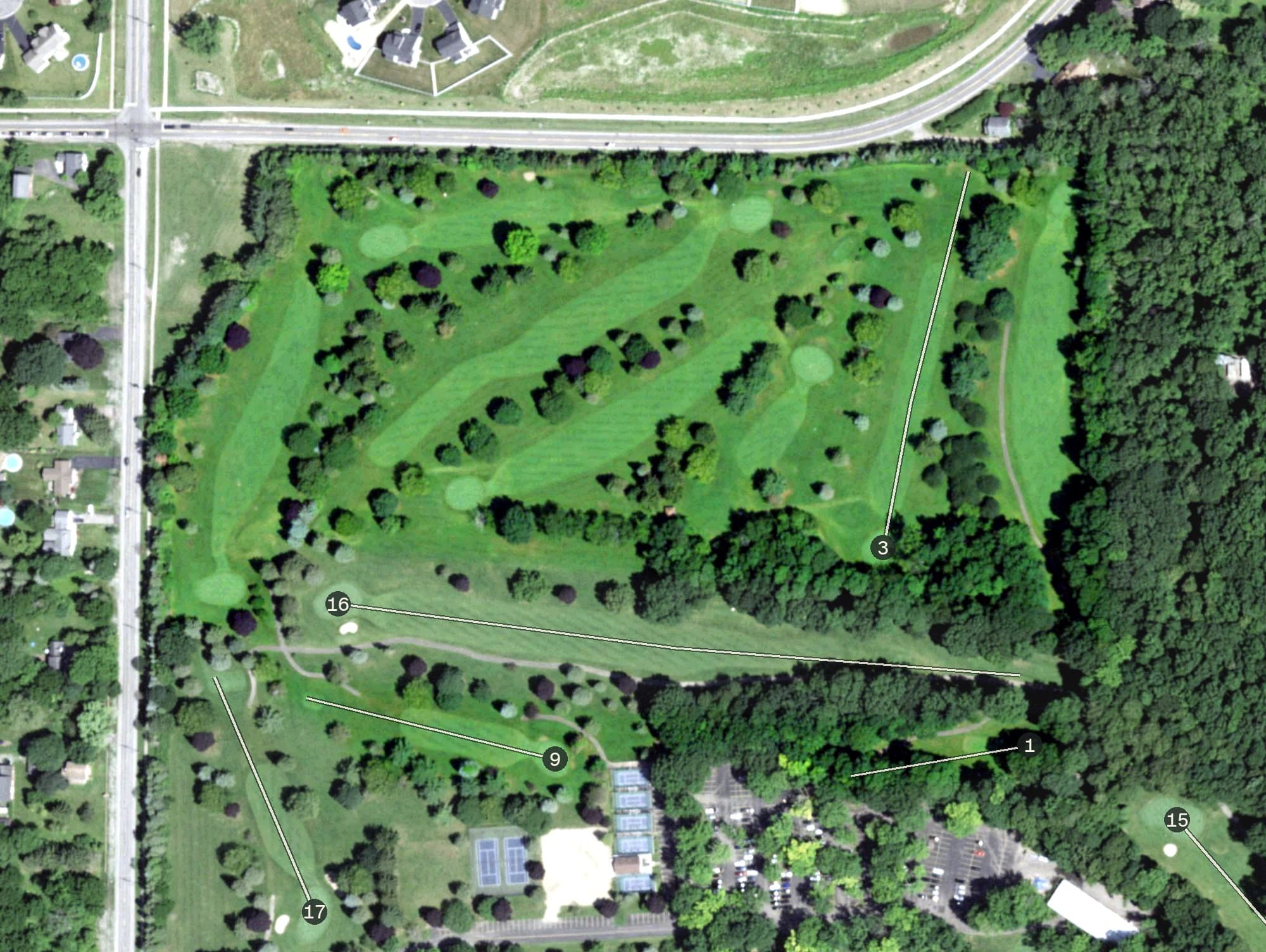 Aerial view of Shadow Lake Executive Golf Course, NY, with its hole routing marked