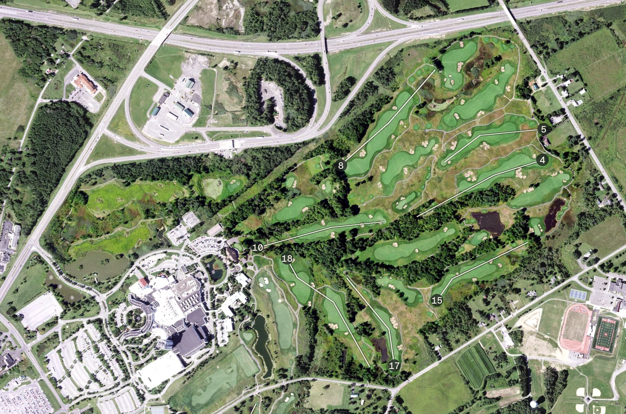 Aerial view of Shenendoah Golf Course, NY, with its hole routing marked