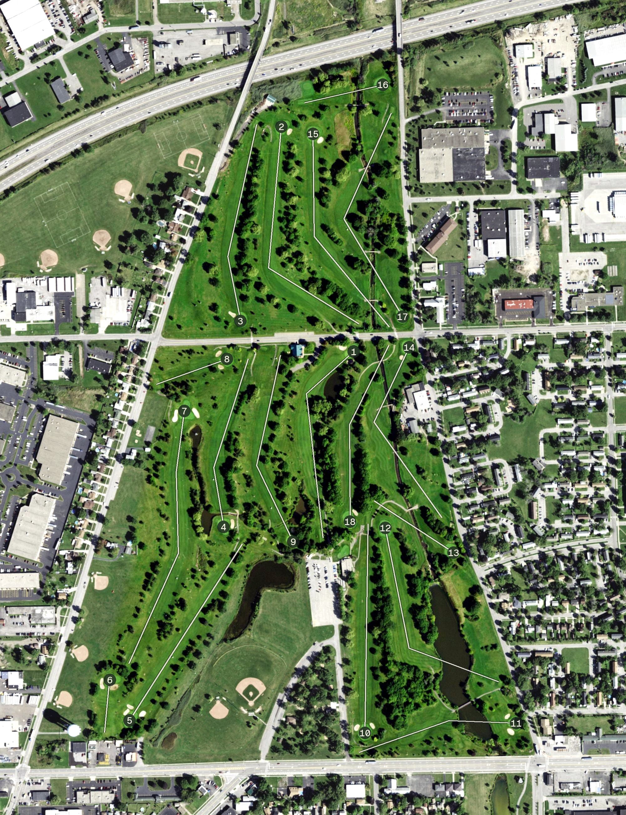 Aerial view of Sheridan Park Golf Course, NY, with its hole routing marked