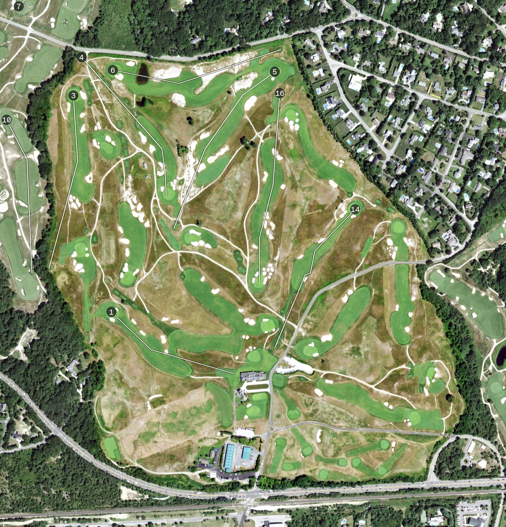 Aerial view of Shinnecock Hills Golf Club, NY, with its hole routing marked