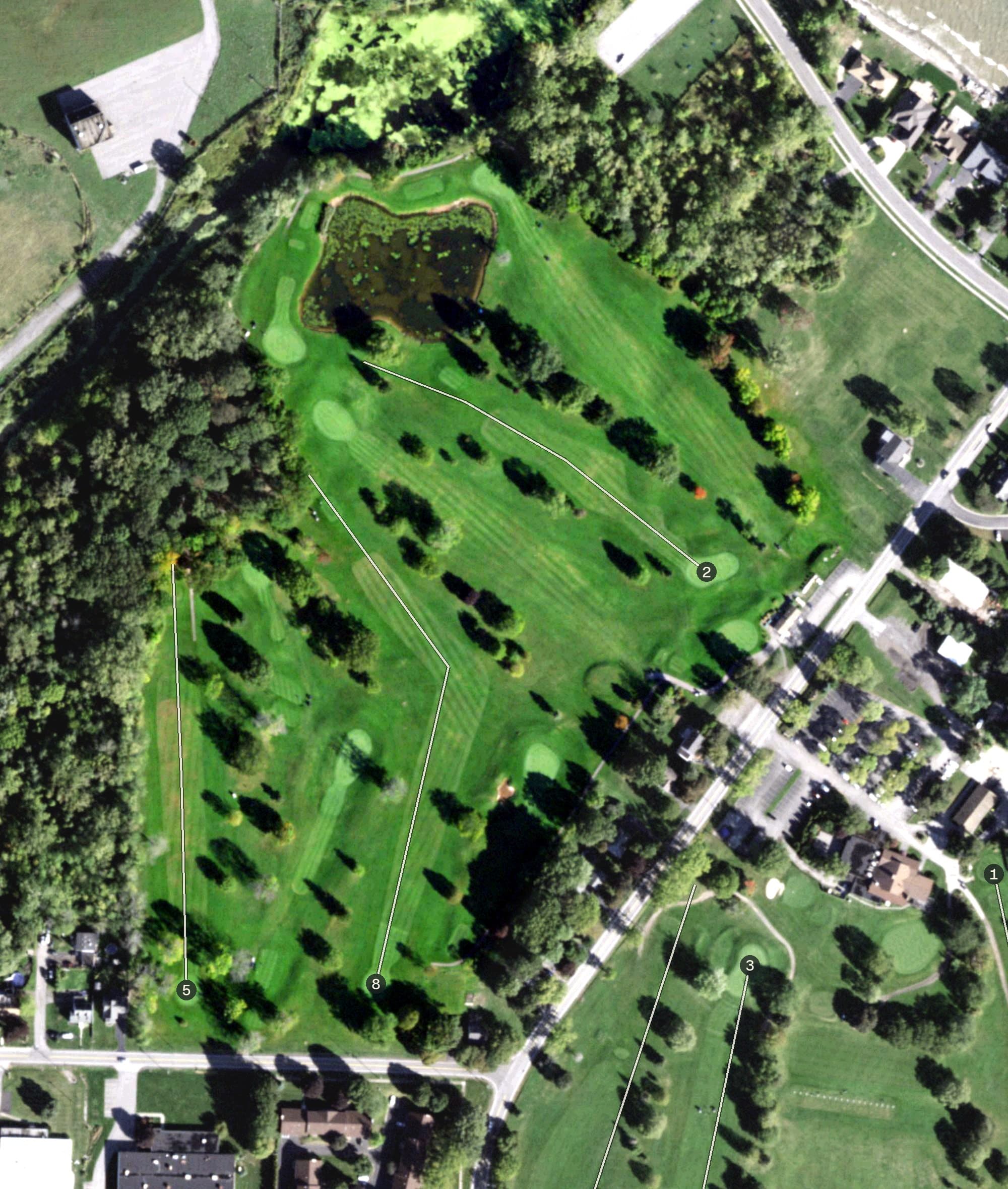 Aerial view of Shore Acres Executive Course, NY, with its hole routing marked
