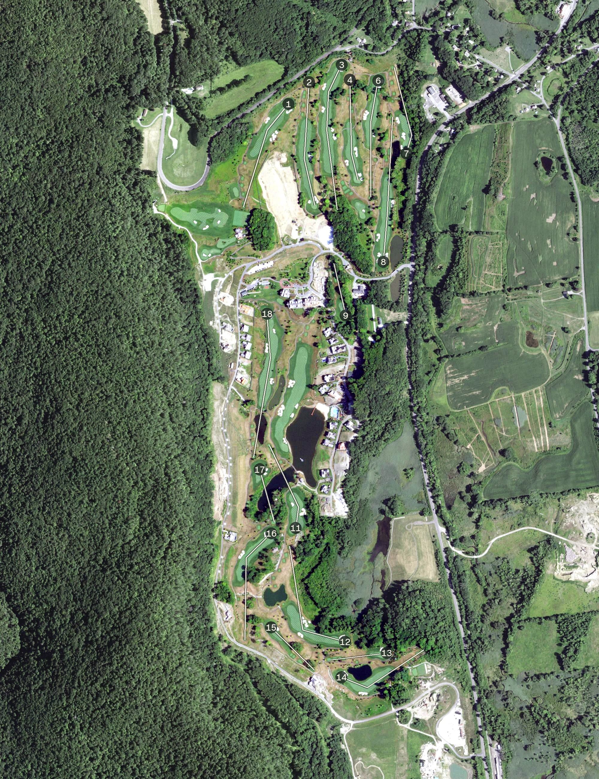 Aerial view of Silo Ridge Field Club, NY, with its hole routing marked