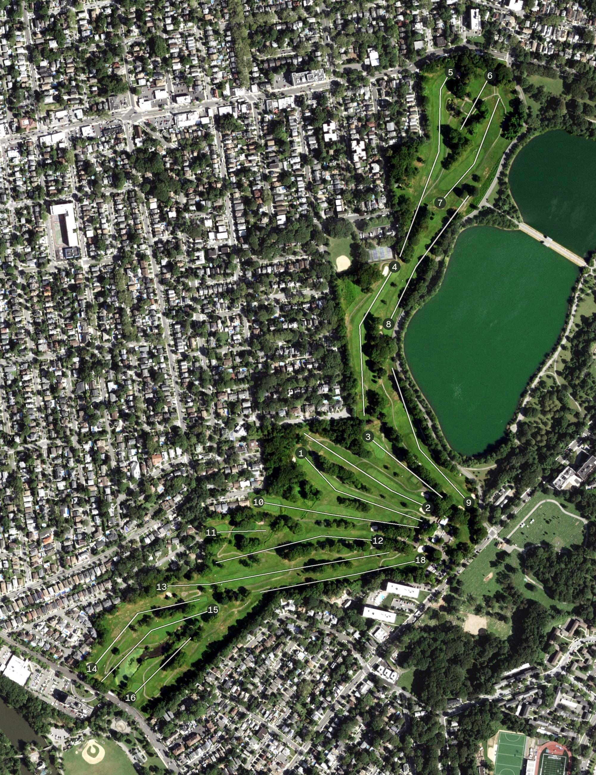 Aerial view of Silver Lake Golf Course, NY, with its hole routing marked